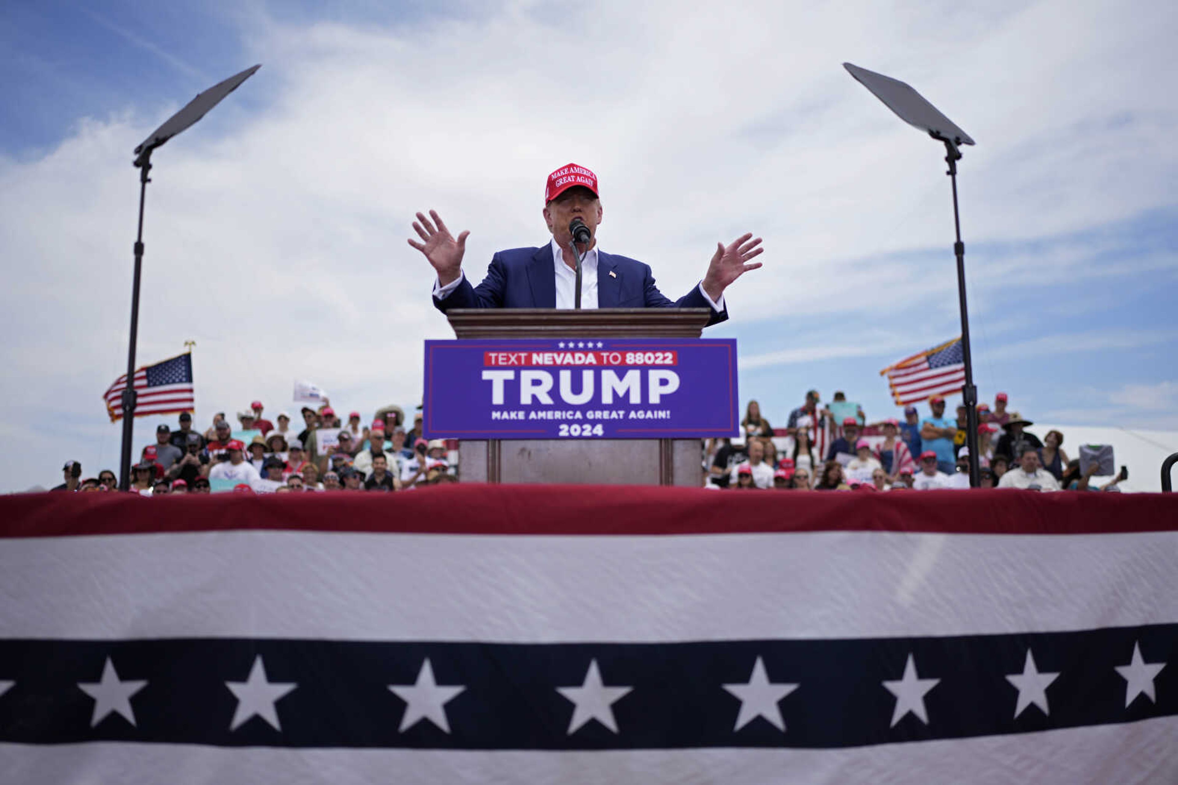 Republican presidential candidate former President Donald Trump speaks at a campaign rally Sunday in Las Vegas.