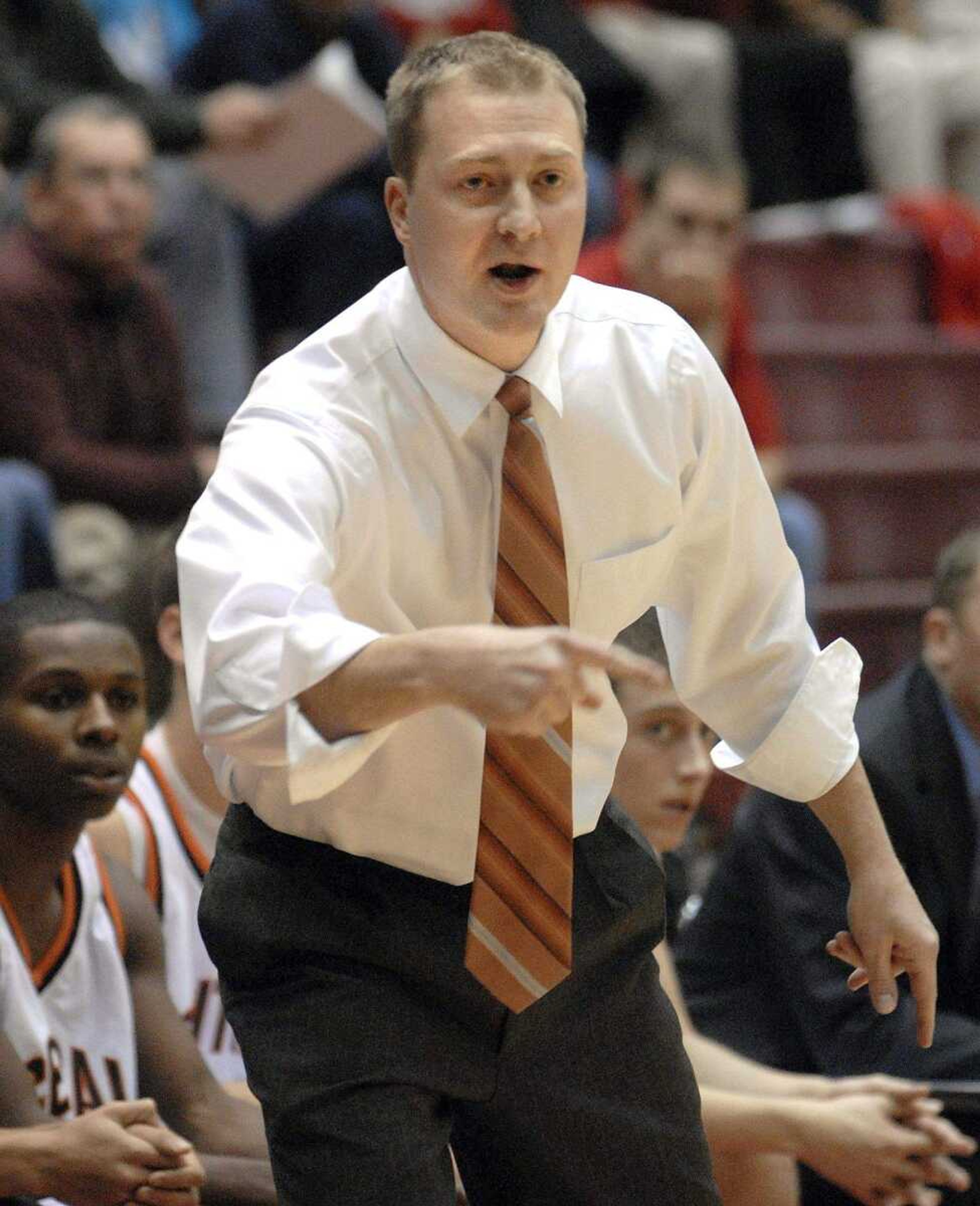 FRED LYNCH ~ flynch@semissourian.com
Central coach Drew Church directs his team against Jackson at the SEMO Conference tournament in Sikeston.