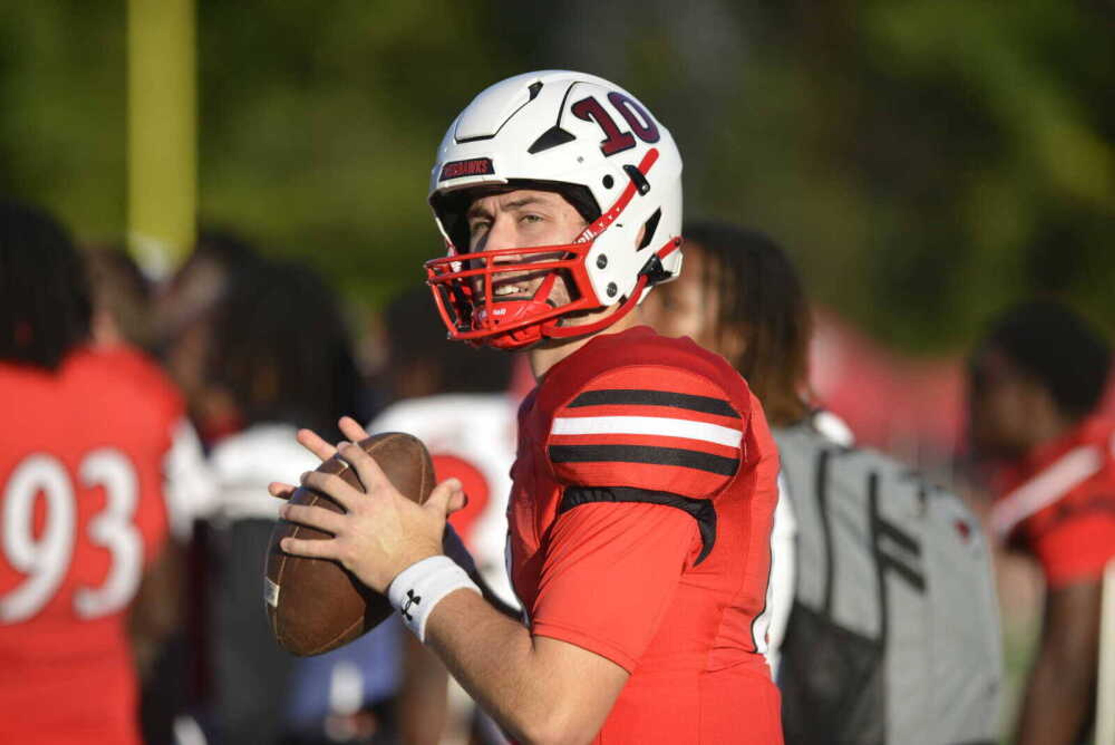 Southeast Missouri State quarterback Paxton DeLaurent drops back to pass during warmups in a game against Lindenwood in 2023 at Houck Field.
