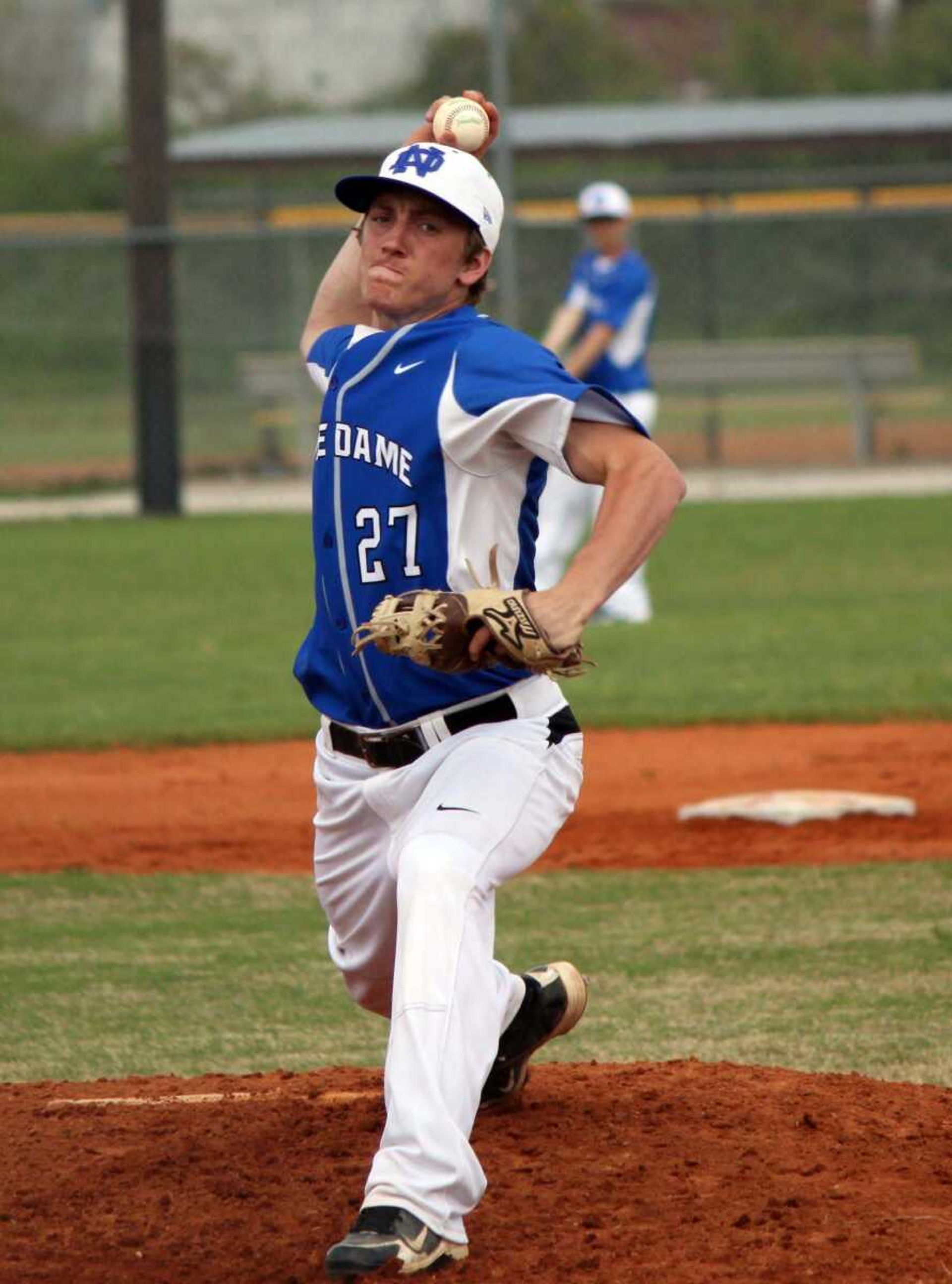 Notre Dame's Justin Landewee delivers a pitch to a Kennett batter during Friday's game in Kennett, Mo. (DUSTIN WARD ~ Daily Dunklin Democrat)