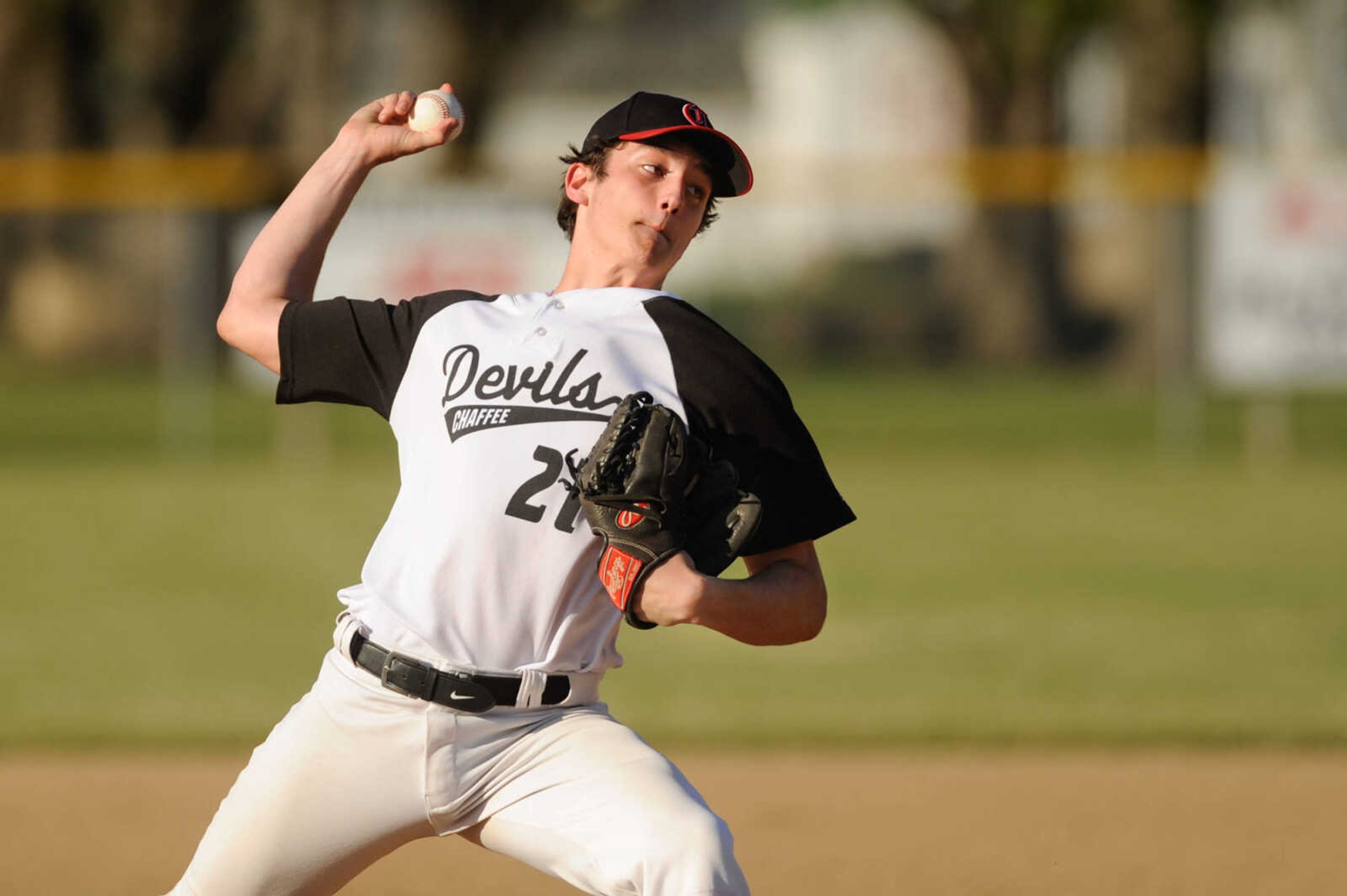 Chaffee's Landon Tenkhoff pitches to an Oran batter during the fifth inning Friday, April 15, 2016 in Chaffee Missouri.