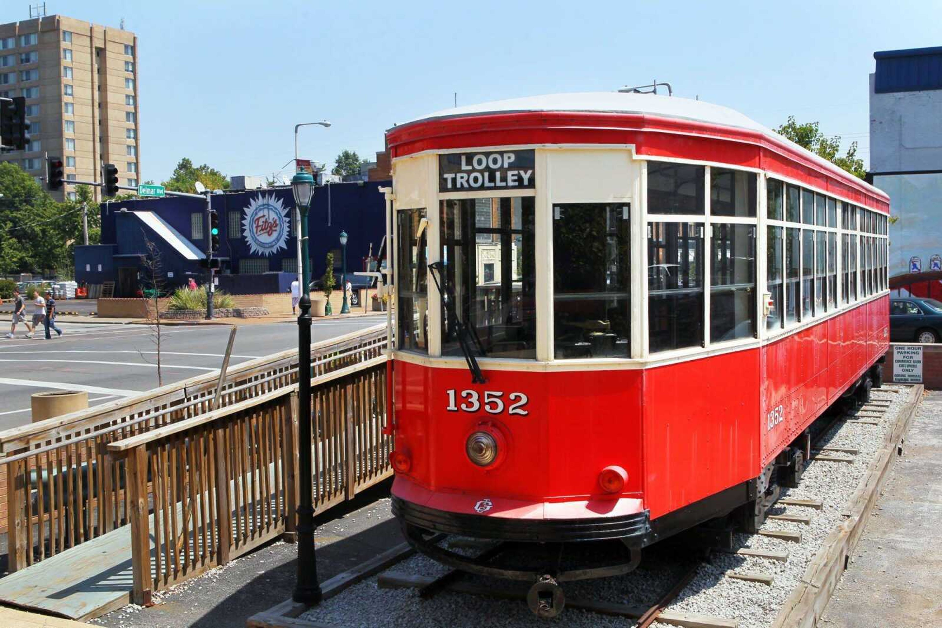 A restored trolley car is on display Wednesday in The Loop in University City in St. Louis. A proposed streetcar line would connect Forest Park to the Delmar Loop. (Emily Rasinski ~ St. Louis Post -Dispatch)