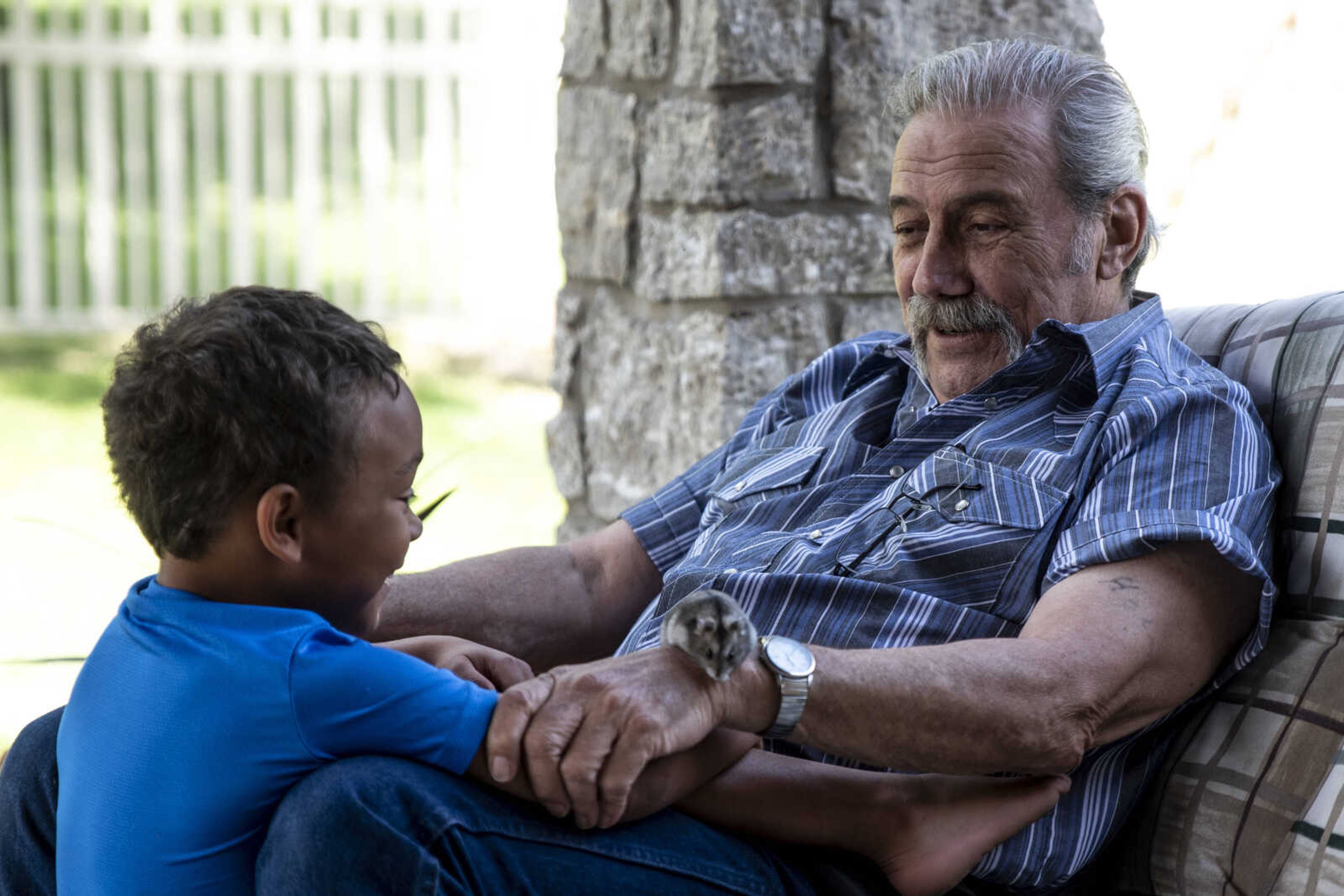 Carl Holmes catches his great-grandson Jayce Holmes, 5, as he slides down off his lap while Jayce's new pet hamster "Cuddles" crawls on Carl's arm out on their back patio Tuesday, June 11, 2019, in Jackson.