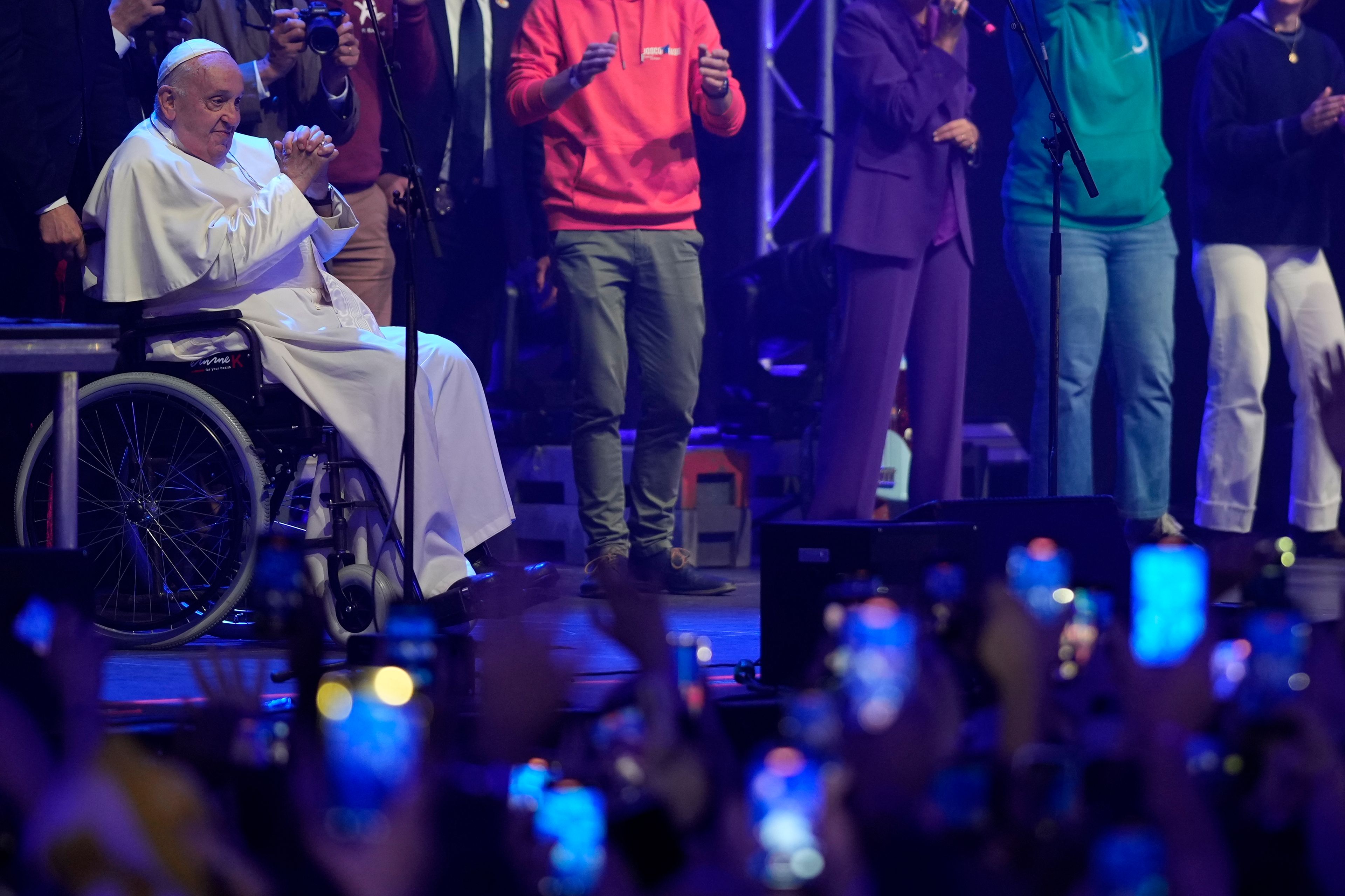 Pope Francis attends the Hope Happening youth festival at the Brussels Expo, Belgium, Saturday, Sept. 28, 2024, on the third day of his four-day visit to Luxembourg and Belgium. (AP Photo/Andrew Medichini)