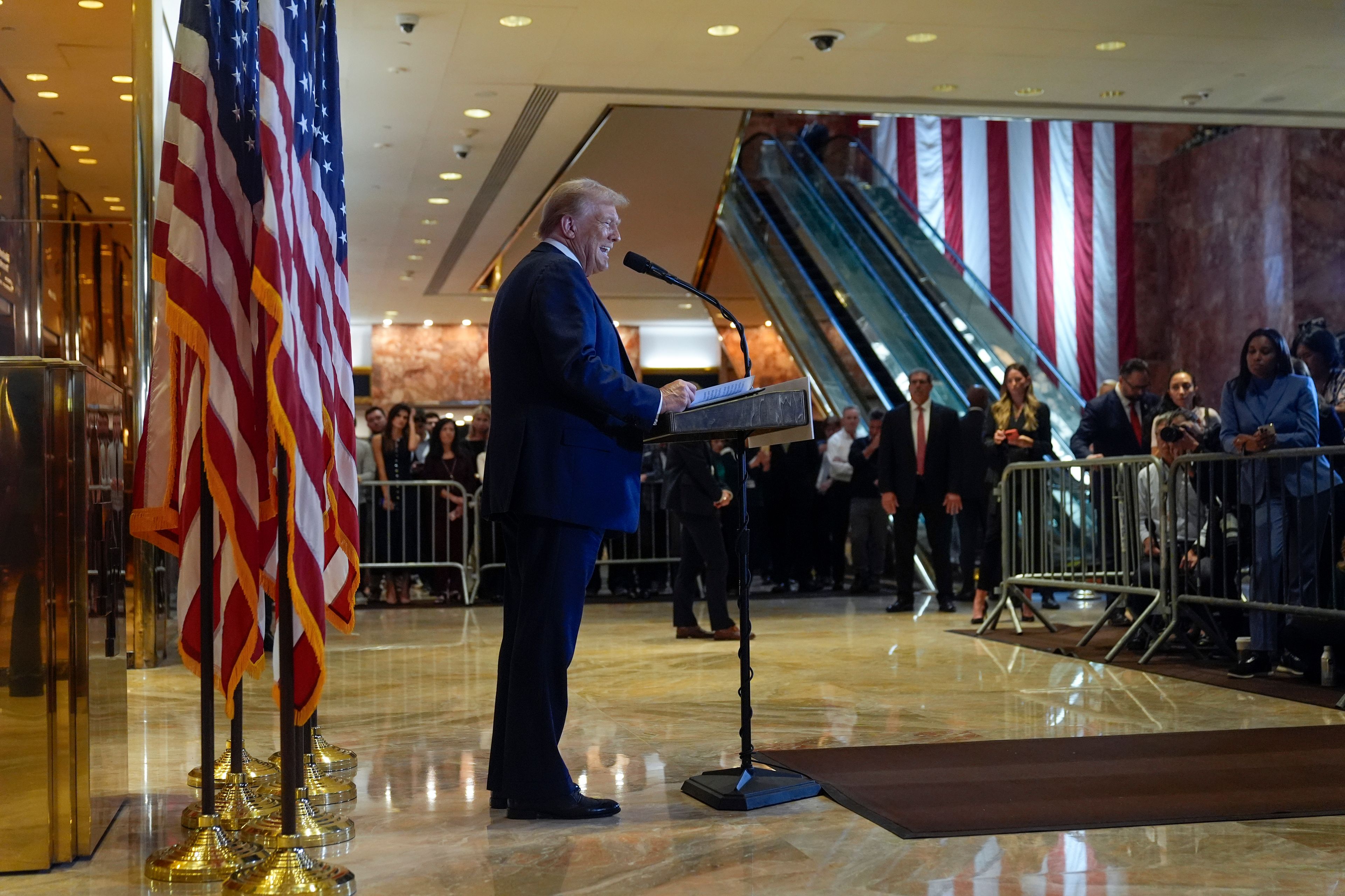 Republican presidential nominee former President Donald Trump speaks at Trump Tower in New York, Thursday, Sept. 26, 2024. (Seth Wenig)