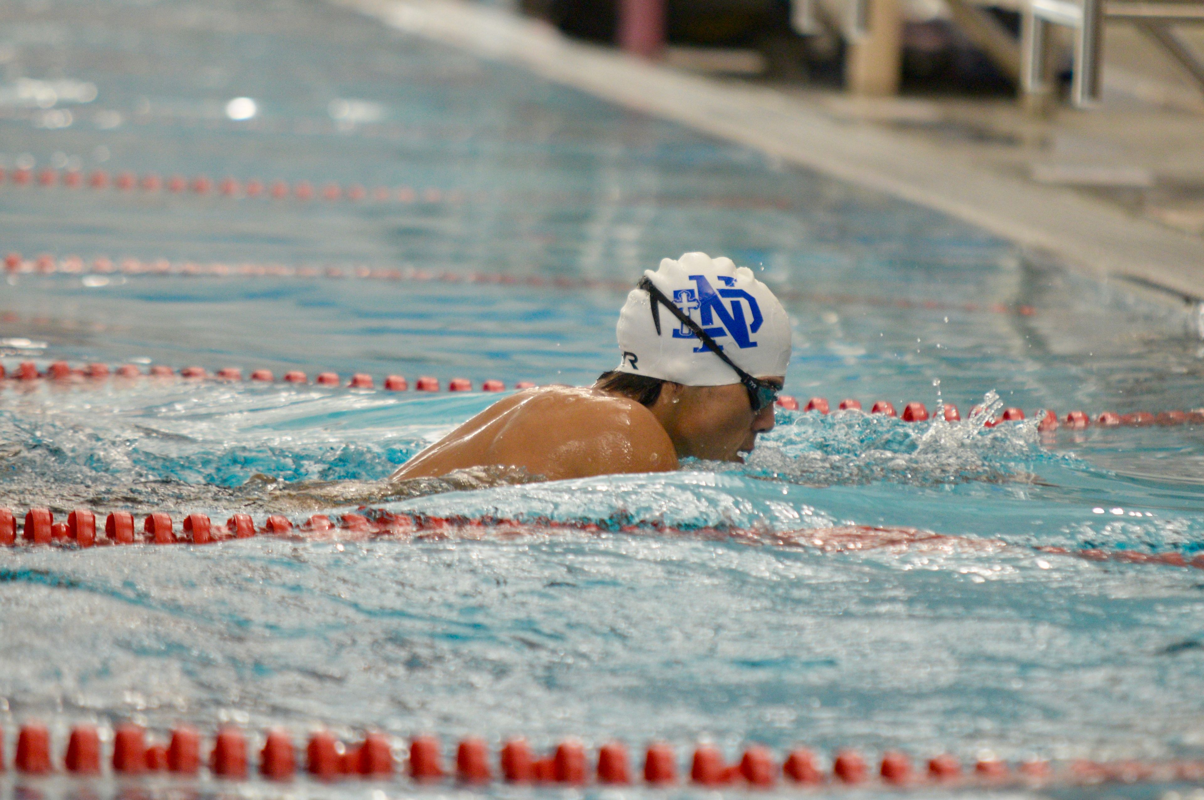 Notre Dame’s Tristan Aguila swims against Cape Central on Tuesday, Oct. 29, at the Cape Aquatic Center.