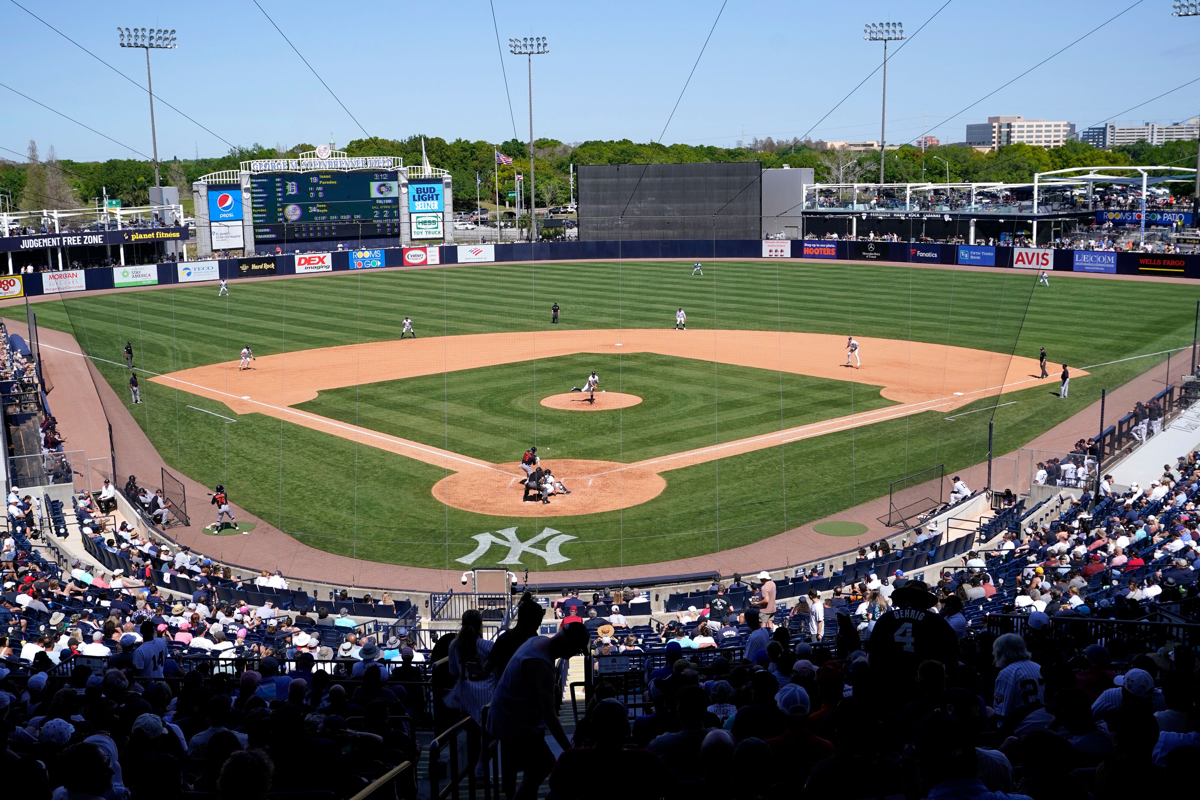 FILE - The New York Yankees host the Detroit Tigers during their home opener spring training baseball game at George M. Steinbrenner Field, Sunday, March 20, 2022, in Tampa, Fla. (AP Photo/Lynne Sladky, File)