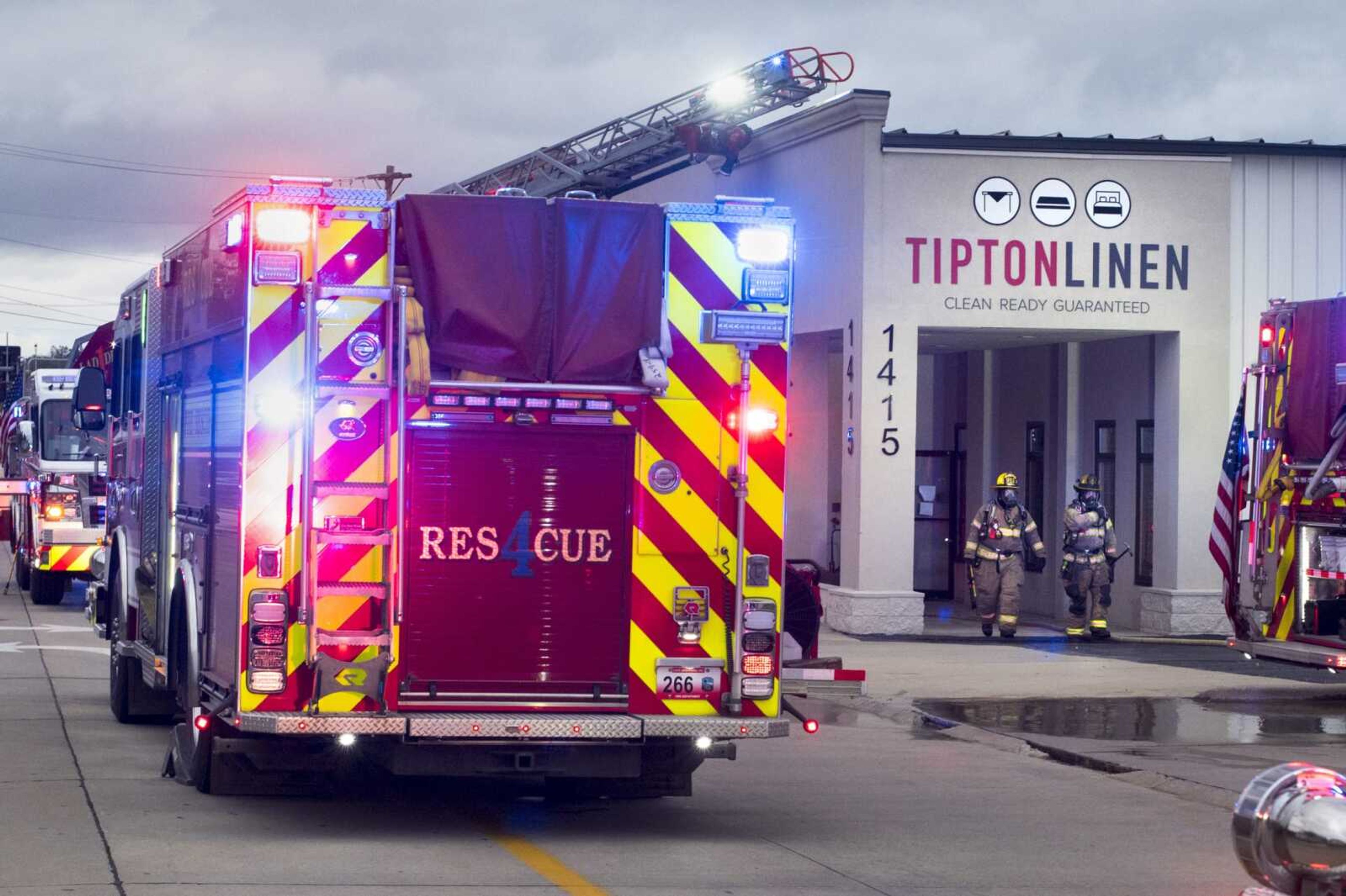 Members of the Cape Girardeau Fire Department, Jackson Fire Rescue and the Cape Girardeau Police Department respond to Tipton Linen after reports of black smoke in the 1400 block of Independence Street on Wednesday in Cape Girardeau. First-responders remained on the scene at the time of publication and additional reporting on this ongoing situation is forthcoming.