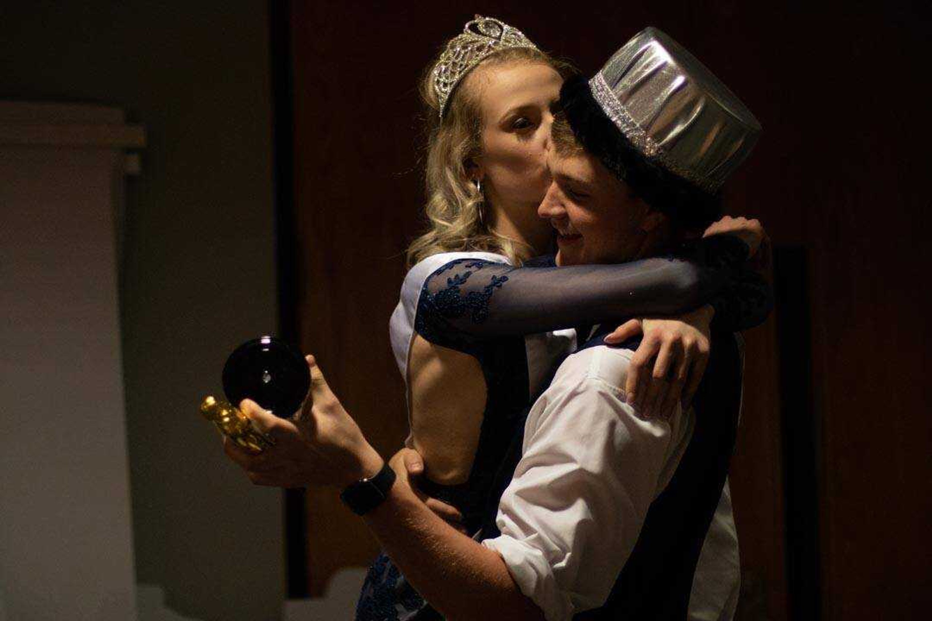 Prom King Breven Yarbro carries Prom Queen Sara Burch out of the hall for a photo at Chaffee High School's prom&nbsp;Saturday, April 6, 2019,&nbsp;held in the University Center.