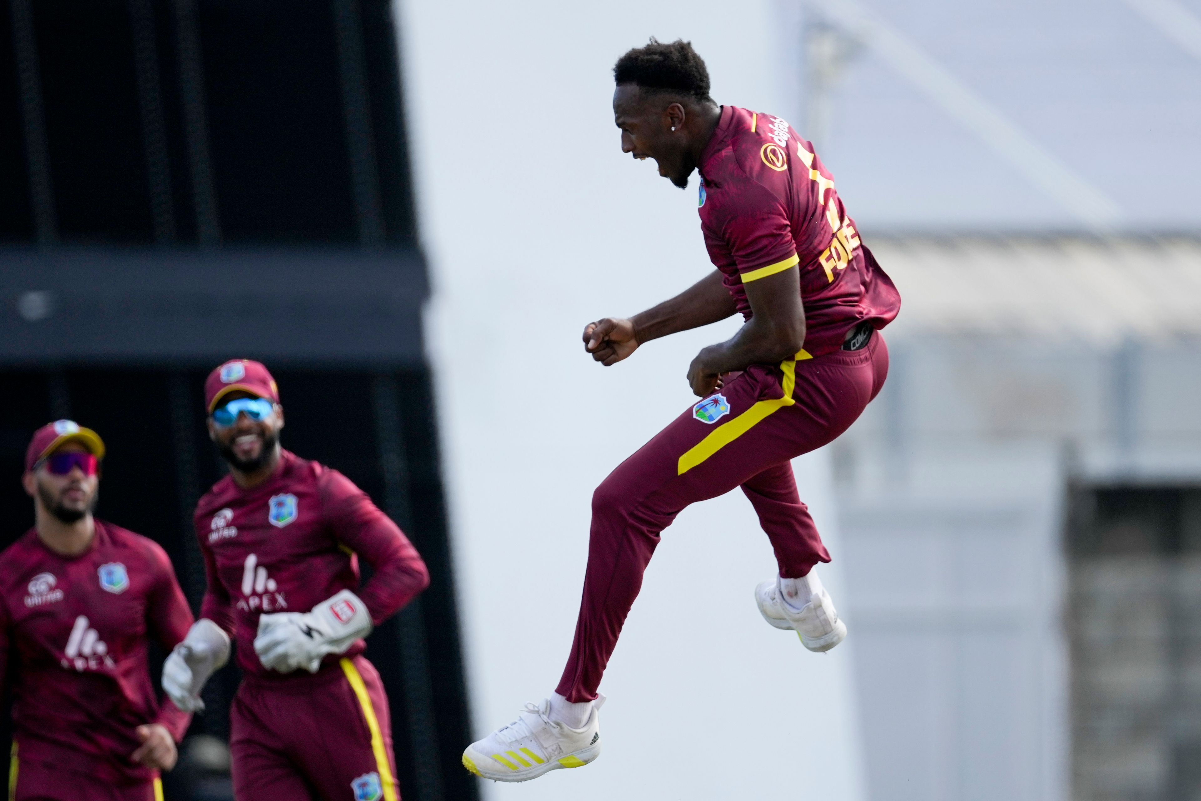 West Indies' Matthew Forde celebrates taking the wicket of England's Will Jacks during the third ODI cricket match at Kensington Oval in Bridgetown, Barbados, Wednesday, Nov. 6, 2024. (AP Photo/Ricardo Mazalan)