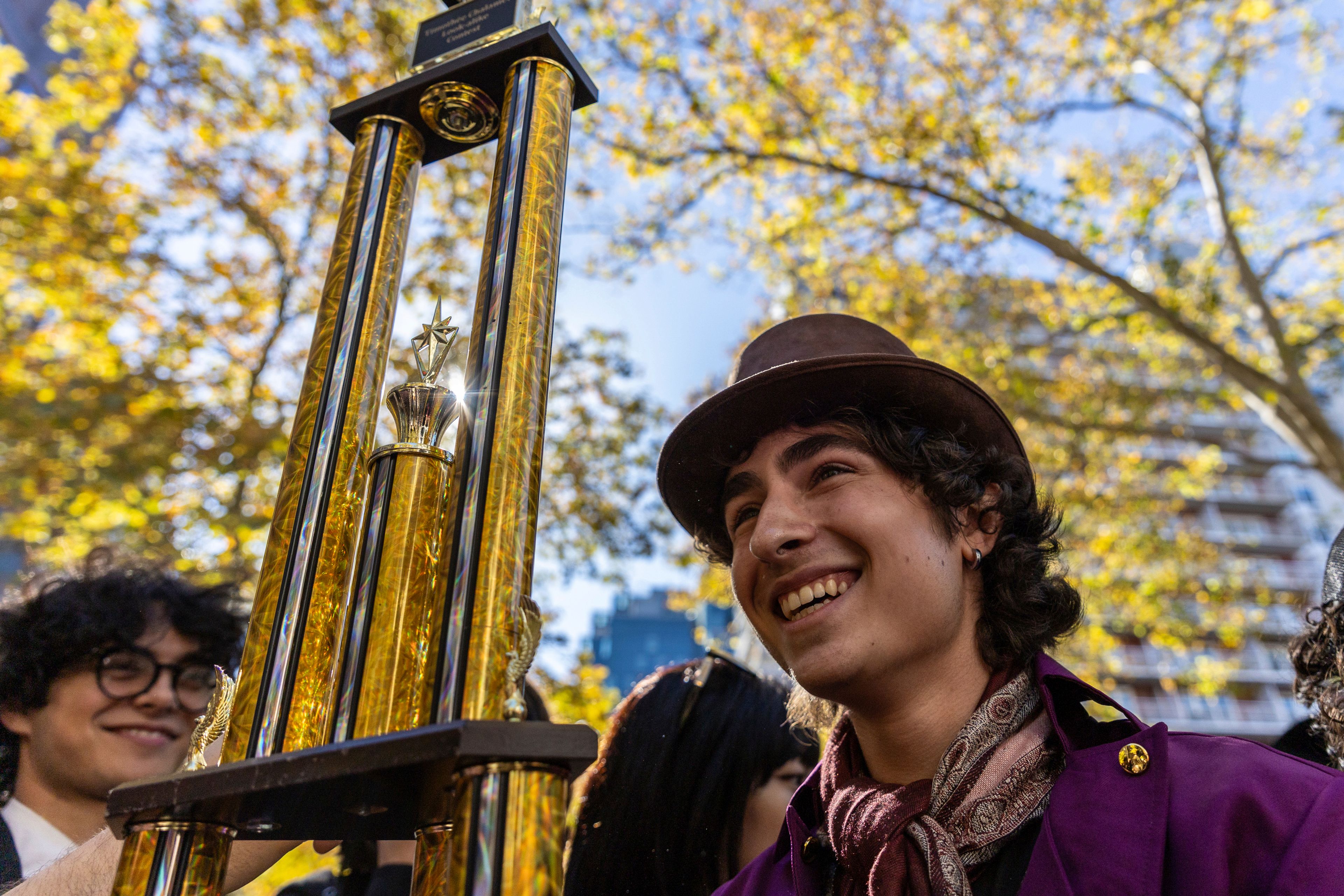 CORRECTS LAST NAME TO MITCHELL FROM MITCHEL - Miles Mitchell, 21, winner of the Timothee Chalamet lookalike contest held near Washington Square Park, Sunday, Oct. 27, 2024, in New York. (AP Photo/Stefan Jeremiah)