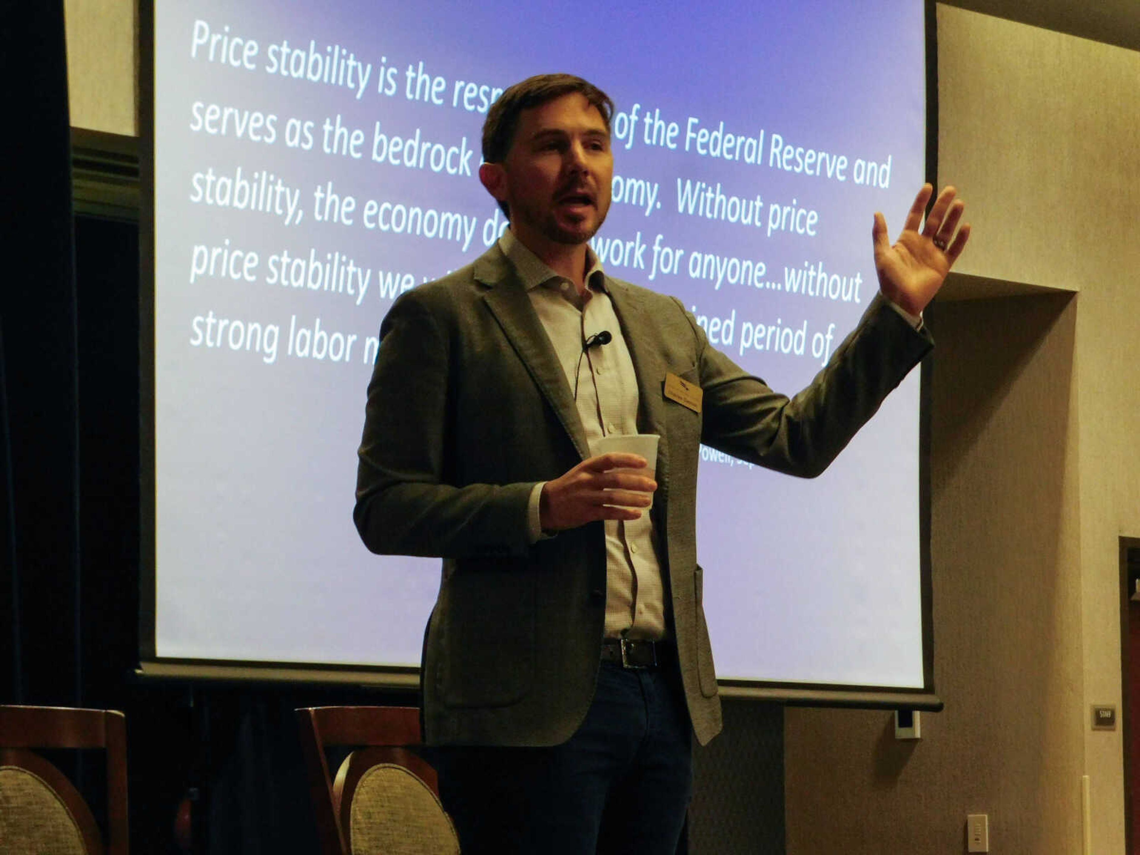 Senior economist Charles Gascon with the Federal Reserve Bank of St. Louis presents economic data and trends to attendees of the Southeast Entrepreneurship and Economic Development Symposium (SEEDS) on Thursday, Nov. 30. 

