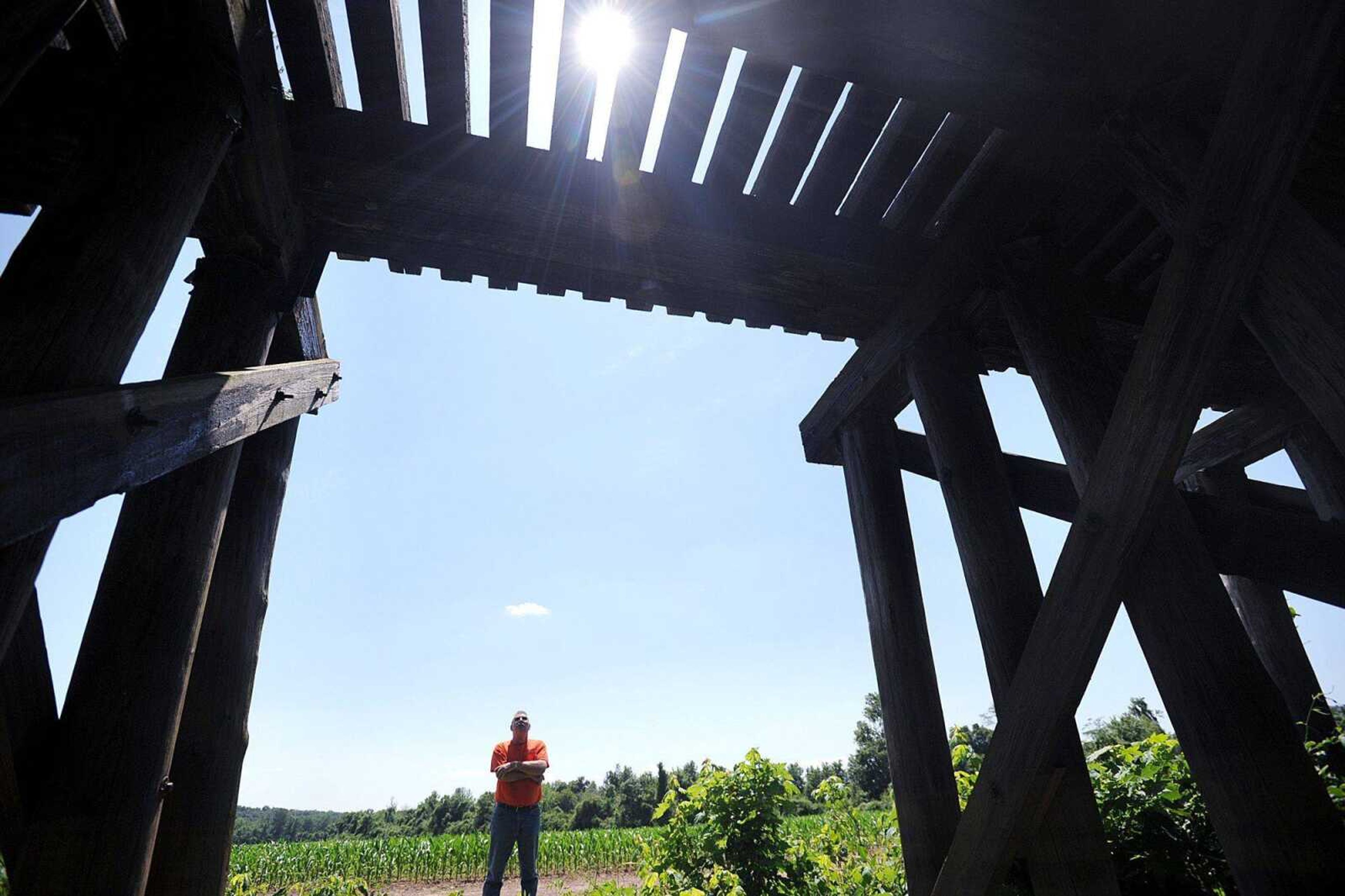 Phil Thompson stands under the railroad trestle that crosses the Diversion Channel Monday, May 21, 2012 near Allenville, Mo. Thompson, a life-long resident of Allenville, has used the trestle countless times throughout his life to get supplies during floods. (Laura Simon)