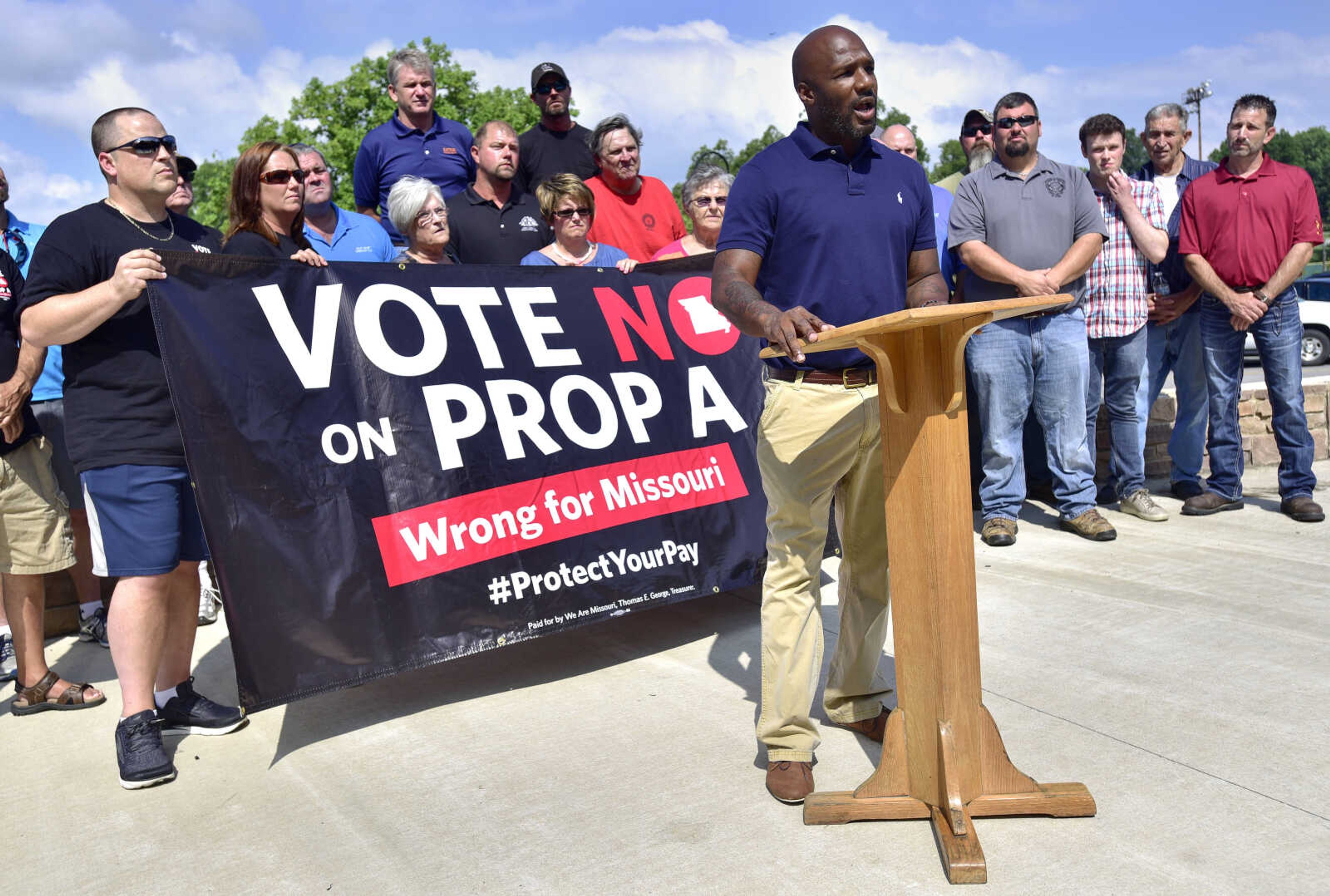 Carpentry worker Antonio Jones speaks during a rally Monday, July 23, 2018, at Capaha Park in Cape Girardeau. About 30 people attended the rally focusing on the Proposition A measure, which will be voted on in the August 7 ballot.