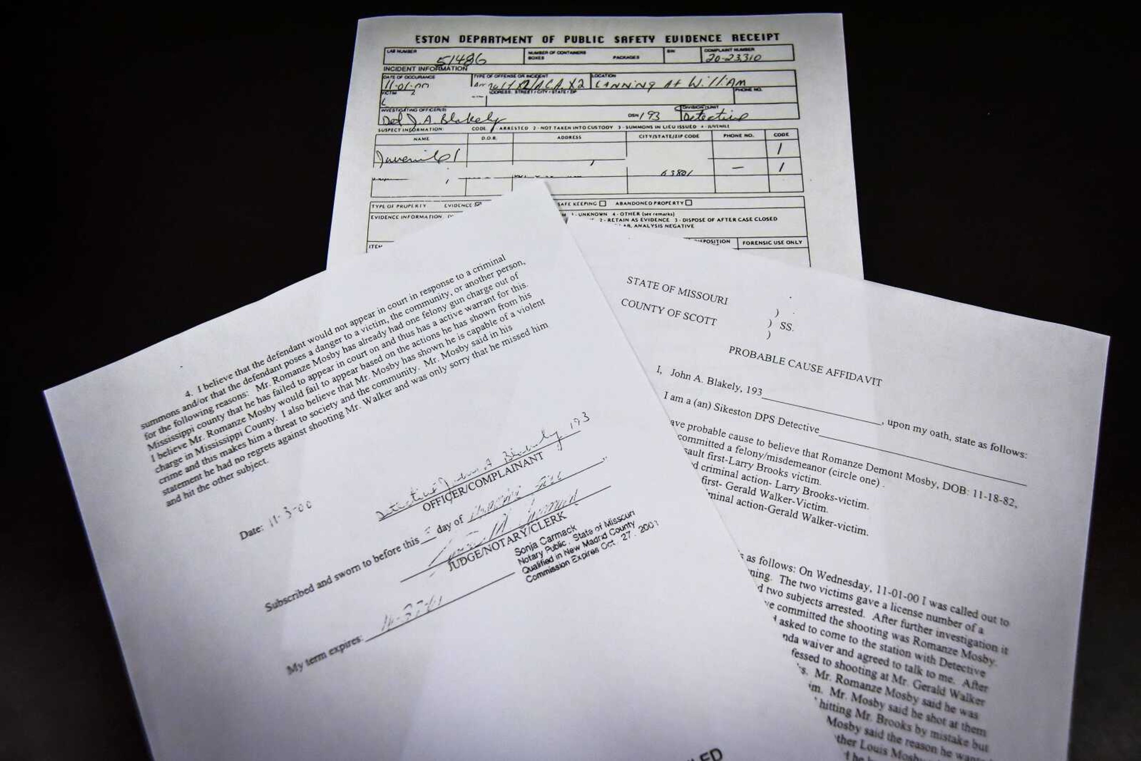 This photo shows documents known to have been produced by Sikeston police, based on records requests from other jurisdictions, but could not be produced by the Sikeston Department of Public Safety. The documents are related to the shooting of Larry Brooks, which was committed by Romanze Mosby. The documents refer to other records such as interview reports that also are missing from the DPS. Mosby was a suspect in the Sheila Box murder in 2000 and later confessed to the crime. But David Robinson was convicted of shooting Box and is serving a life sentence without parole. Sikeston DPS detective John Blakely investigated Mosby in the Brooks shooting case (and other shootings involving Mosby and his brother), but testified he did not know Mosby was a suspect in the Box case.