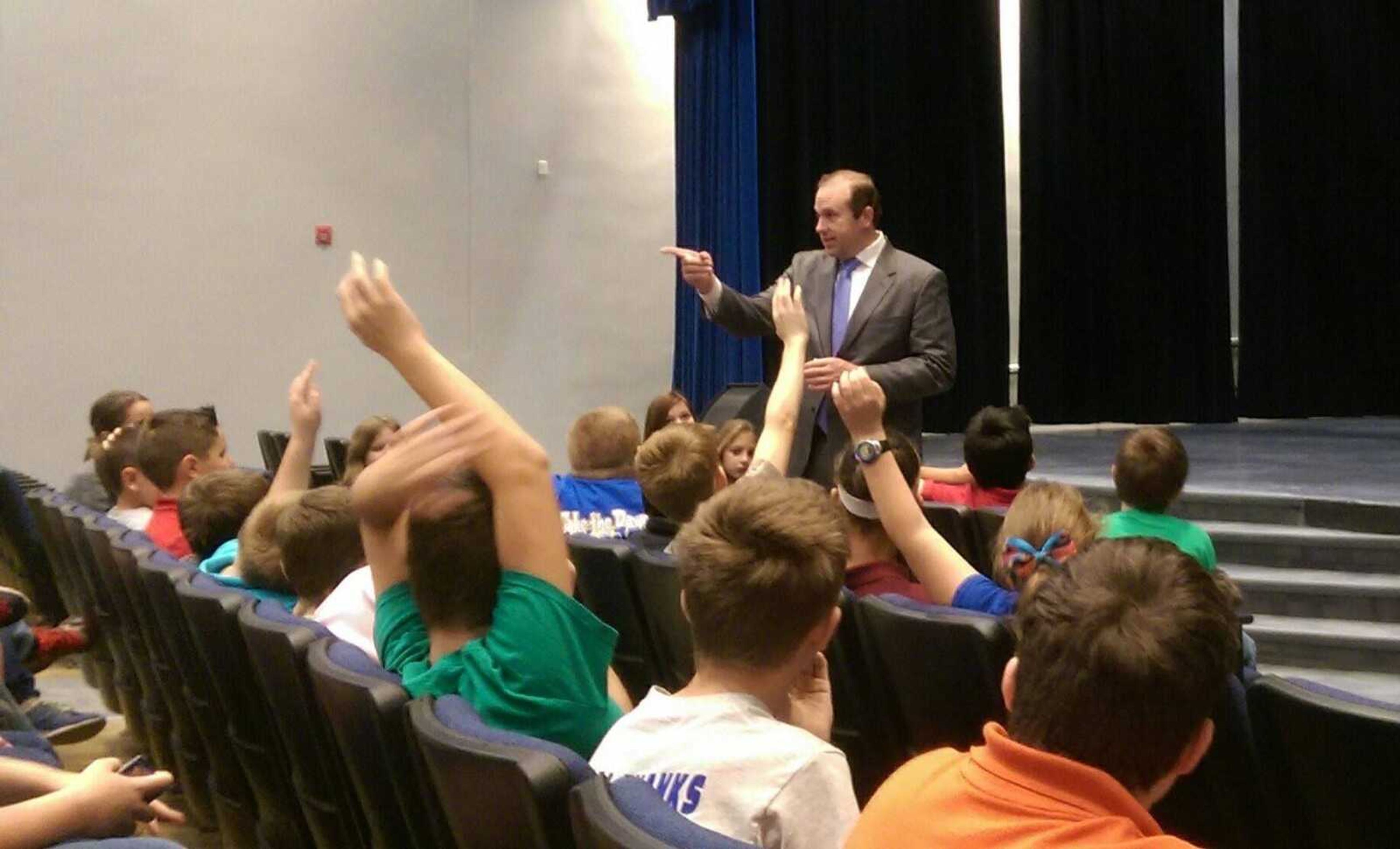 U.S. Rep. Jason Smith takes questions from sixth-grade students during a visit to Scott City Middle School on Friday. (Katie Lamb)