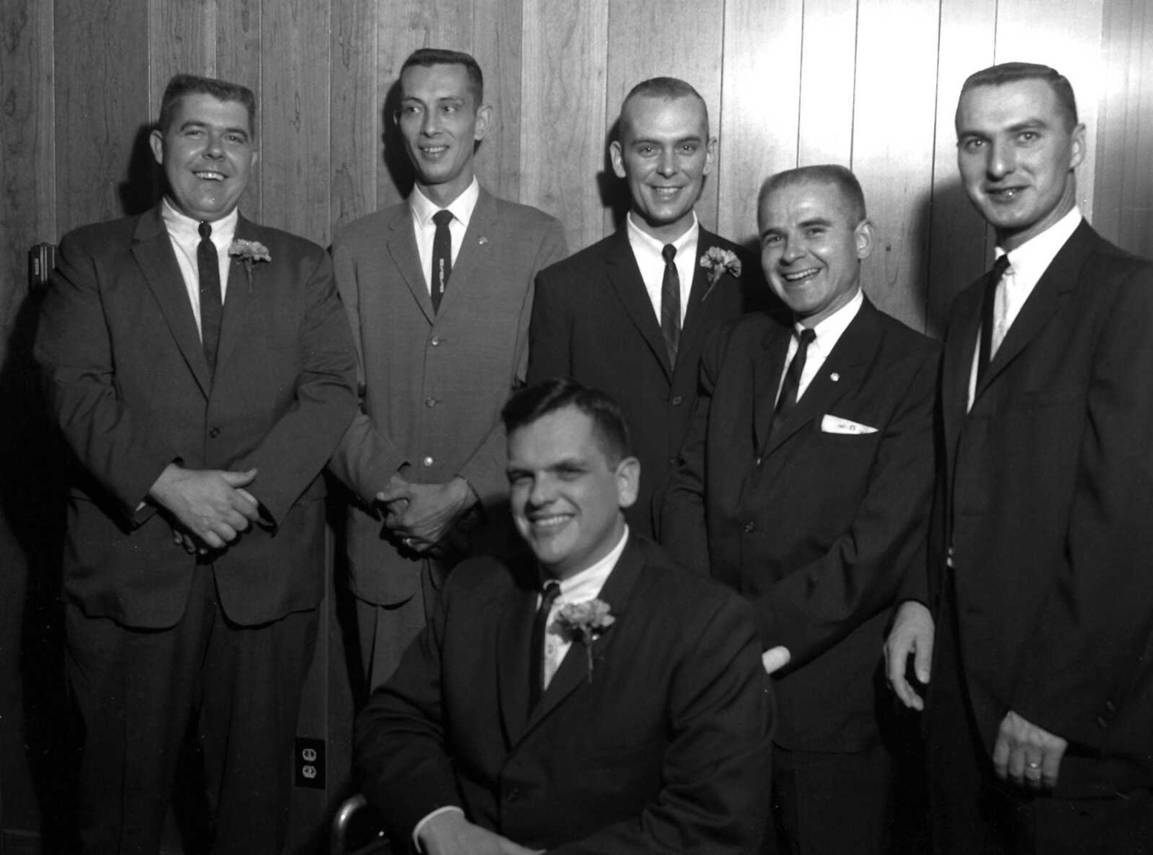 May 7, 1963 Southeast Missourian.
Jaycee Officers. Cape Girardeau Junior Chamber of Commerce officers for the 1963-64 year were installed Saturday night. Standing, left to right, President J. Ronald Fischer; Corresponding Secretary Gaines Eaves; Secretary Dale Wuest; First Vice President Barry Davis and Treasurer Jerry Reynolds. In front is Second Vice President Harold Kuehle. (G.D. Fronabarger/Southeast Missourian archive)