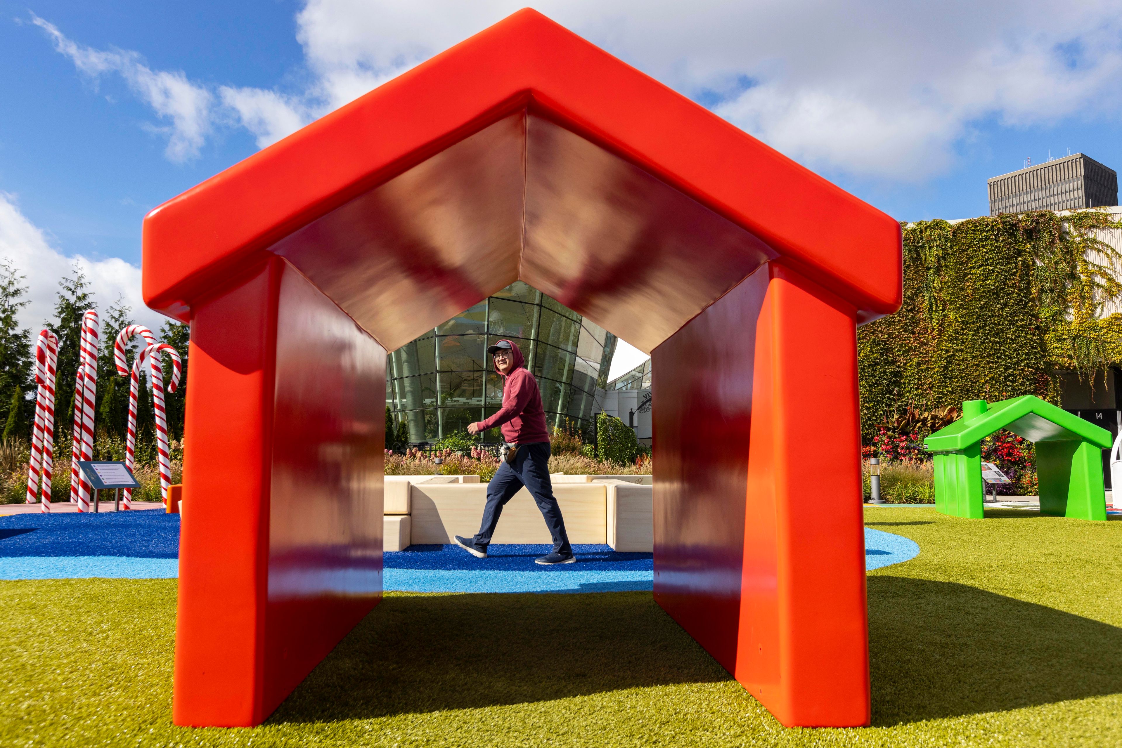 Oliver Jin of Toronto walks through the outdoor Hasbro Game Park at The Strong National Museum of Play, Tuesday, Oct. 15, 2024, in Rochester, N.Y. (AP Photo/Lauren Petracca)