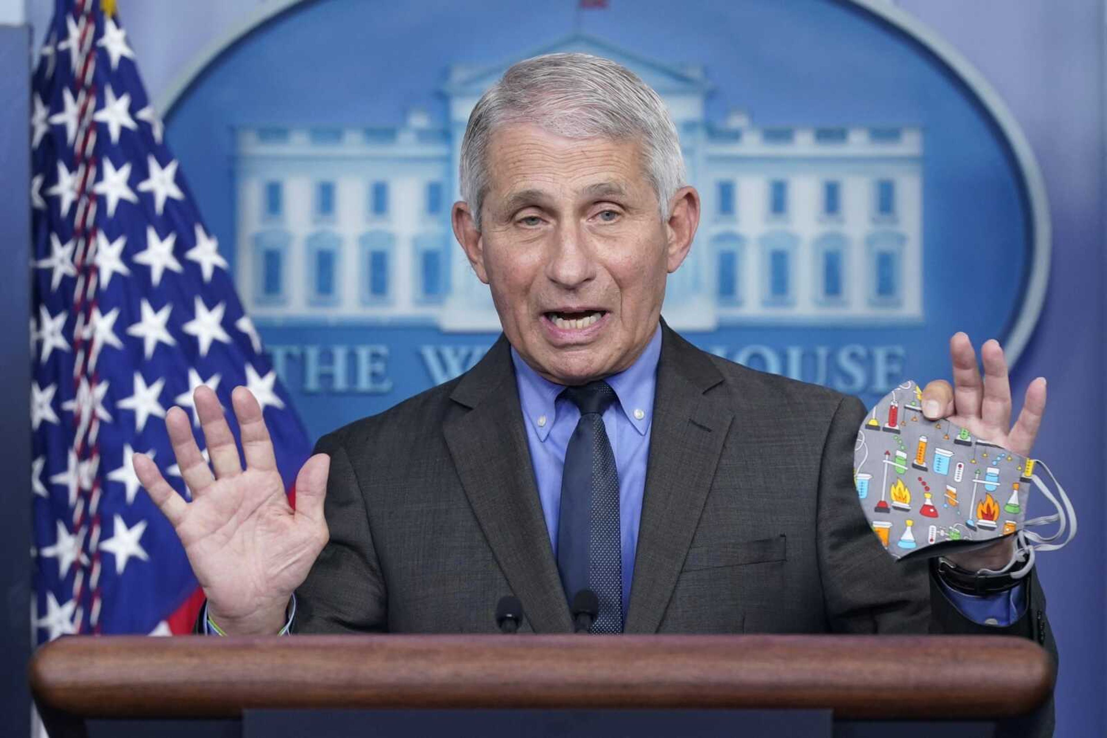 Dr. Anthony Fauci, director of the National Institute of Allergy and Infectious Diseases, speaks during a news briefing Tuesday at the White House in Washington.