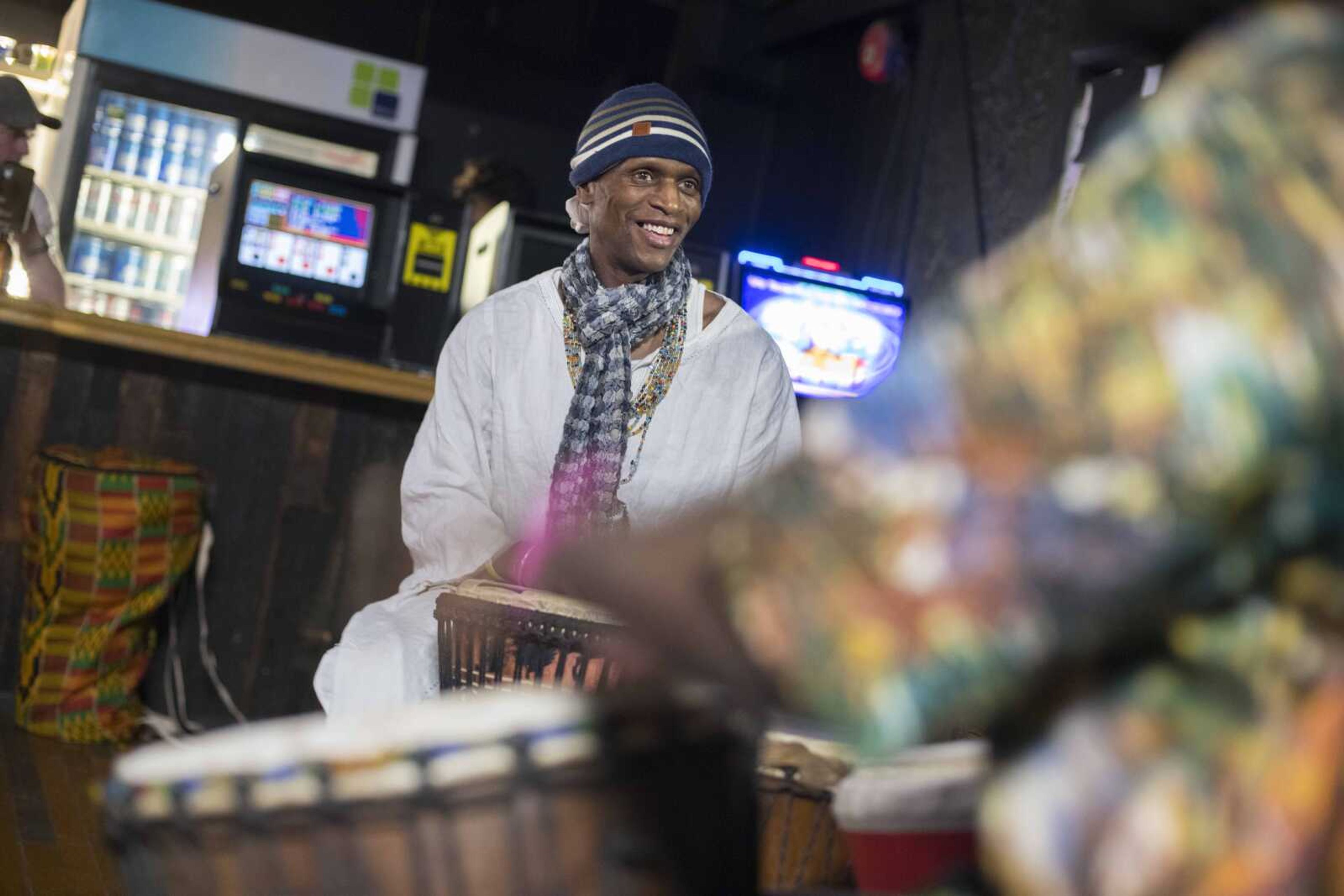 Brandon Bradley-Bey, a.k.a. Souljah, participates in a drum circle during the annual Bob Marley Day celebration Saturday, Feb. 15, 2020, at the Barn in Cape Girardeau.