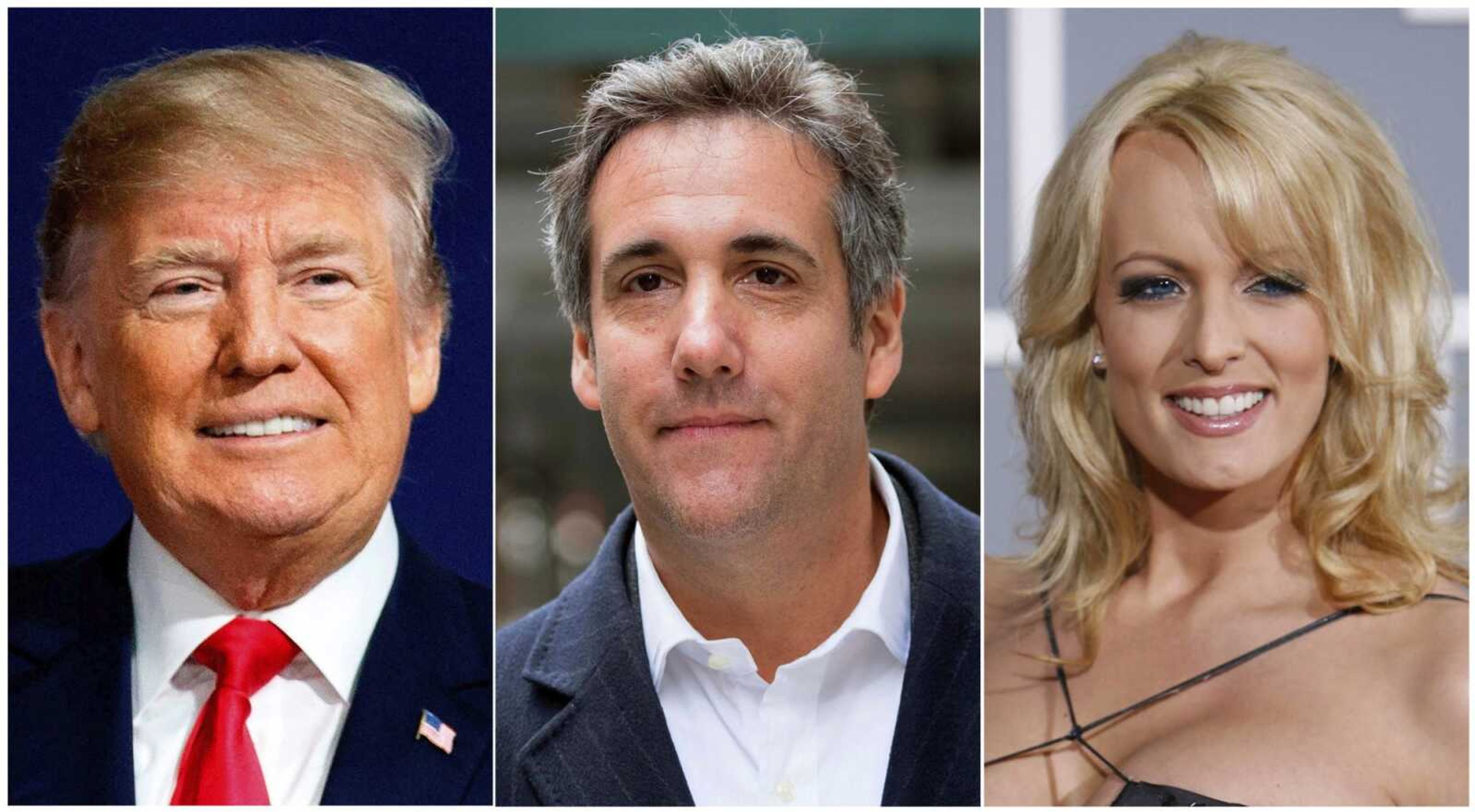 This combination of file photos shows, from left, President Donald Trump, attorney Michael Cohen and adult film actress Stormy Daniels.