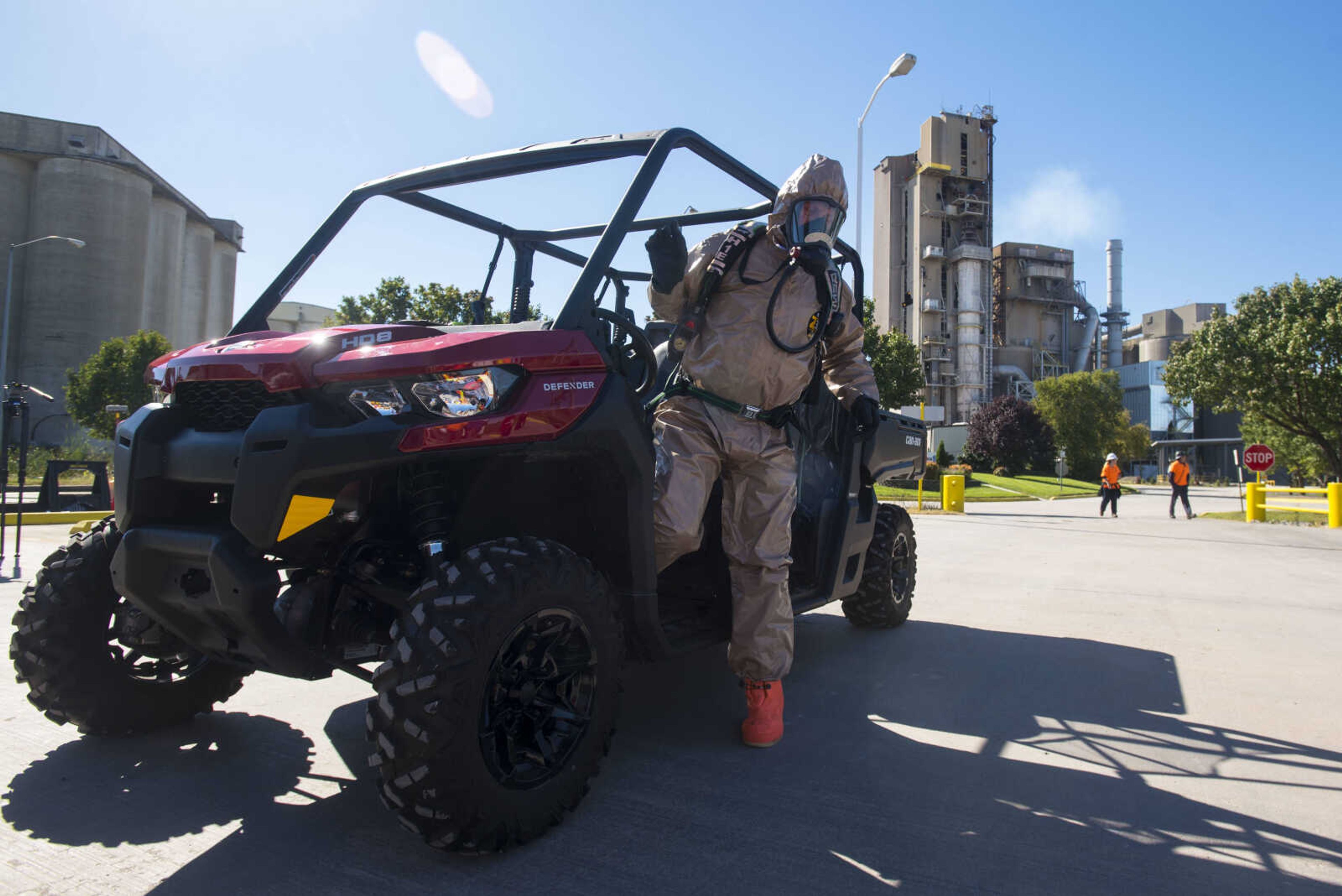 Members of the SEMO Homeland Security Response Team conduct hazmat training on Wednesday, Oct. 17, 2018 at the Cape Girardeau Buzzi Unicem cement plant.