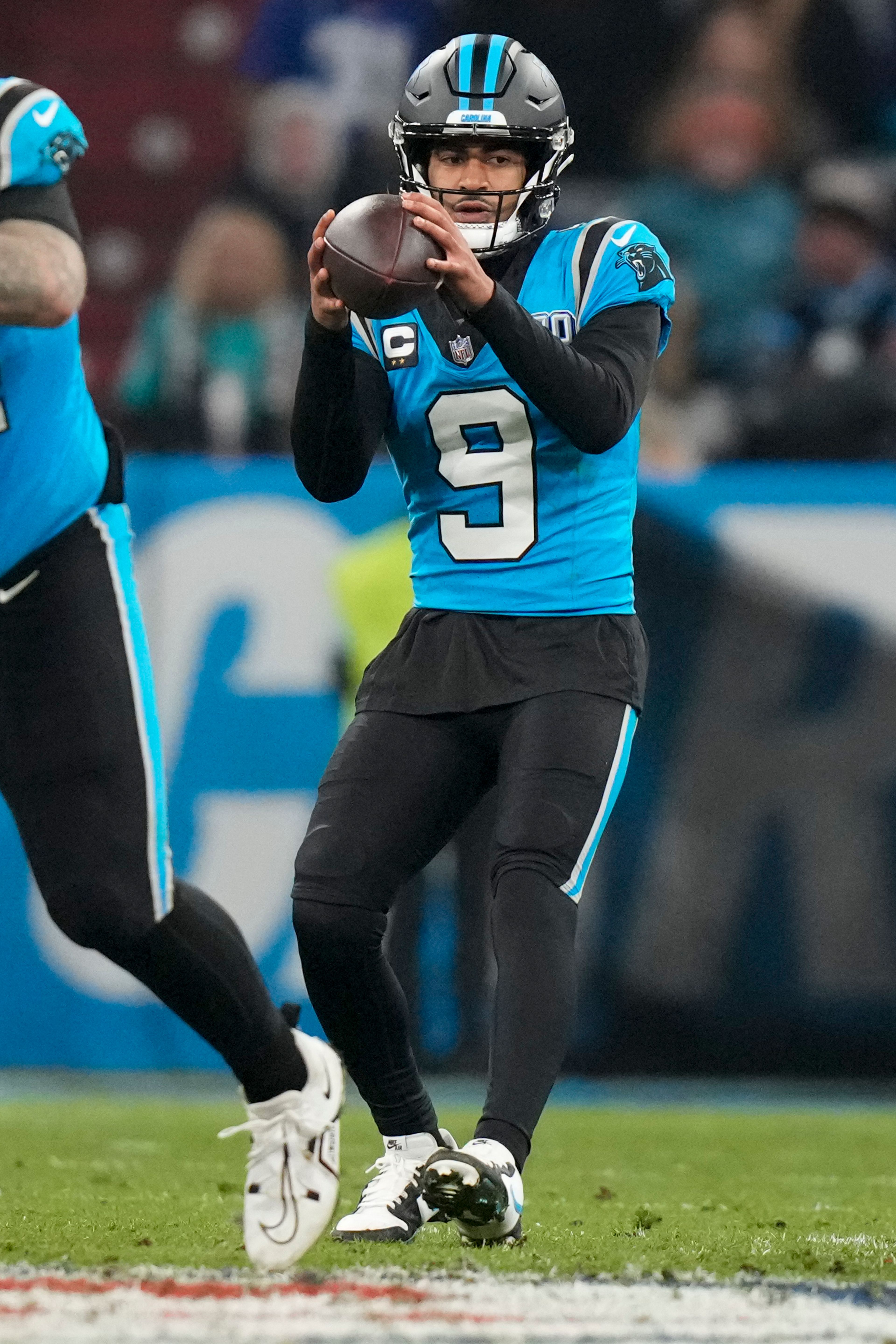 Carolina Panthers quarterback Bryce Young against the New York Giants during the second half of an NFL football game, Sunday, Nov. 10, 2024, in Munich, Germany. (AP Photo/Matthias Schrader)