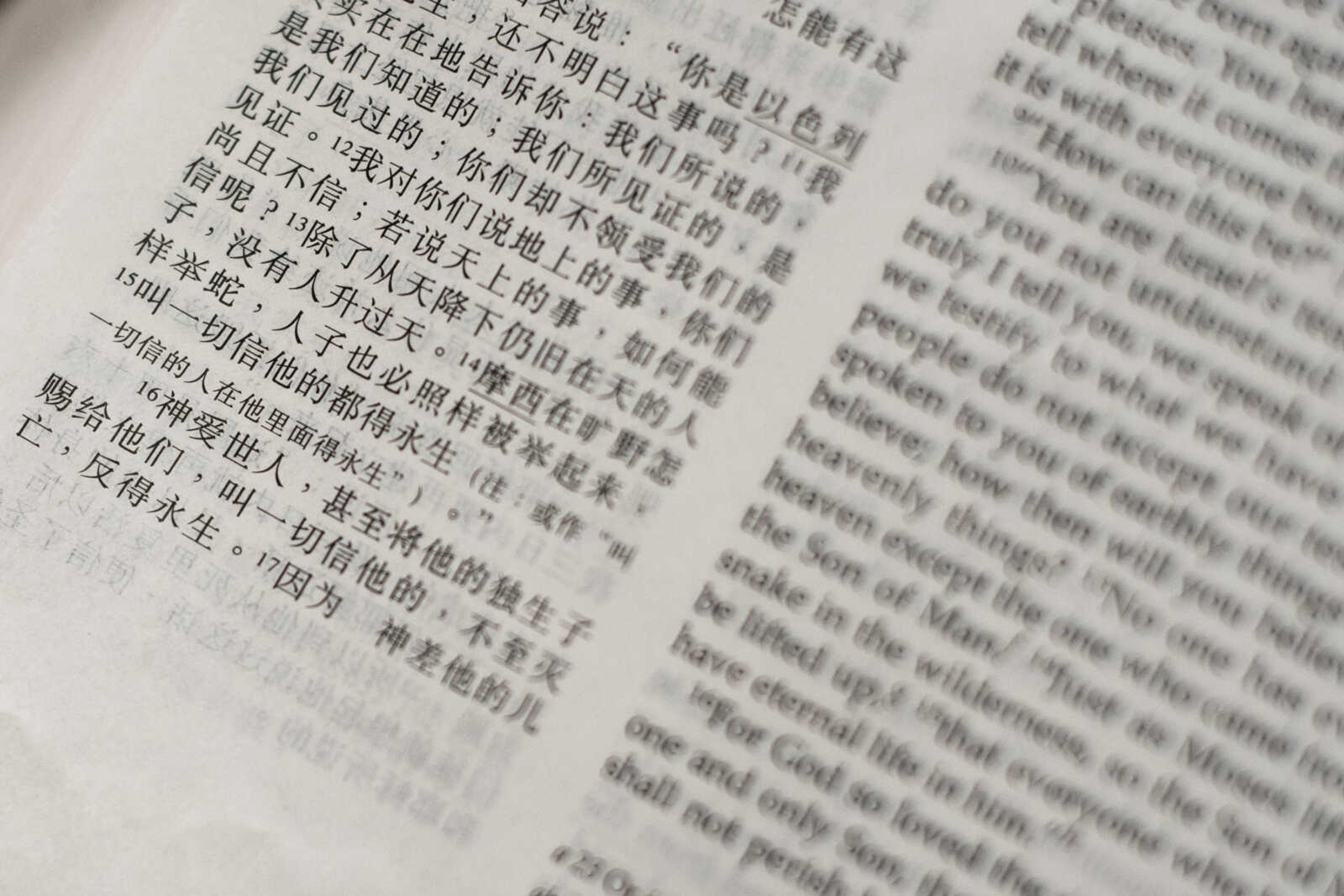 The pages of a Chinese English Bible are seen Friday, March 8, 2019, at the Southeast Missouri State University Baptist Student Center in Cape Girardeau.