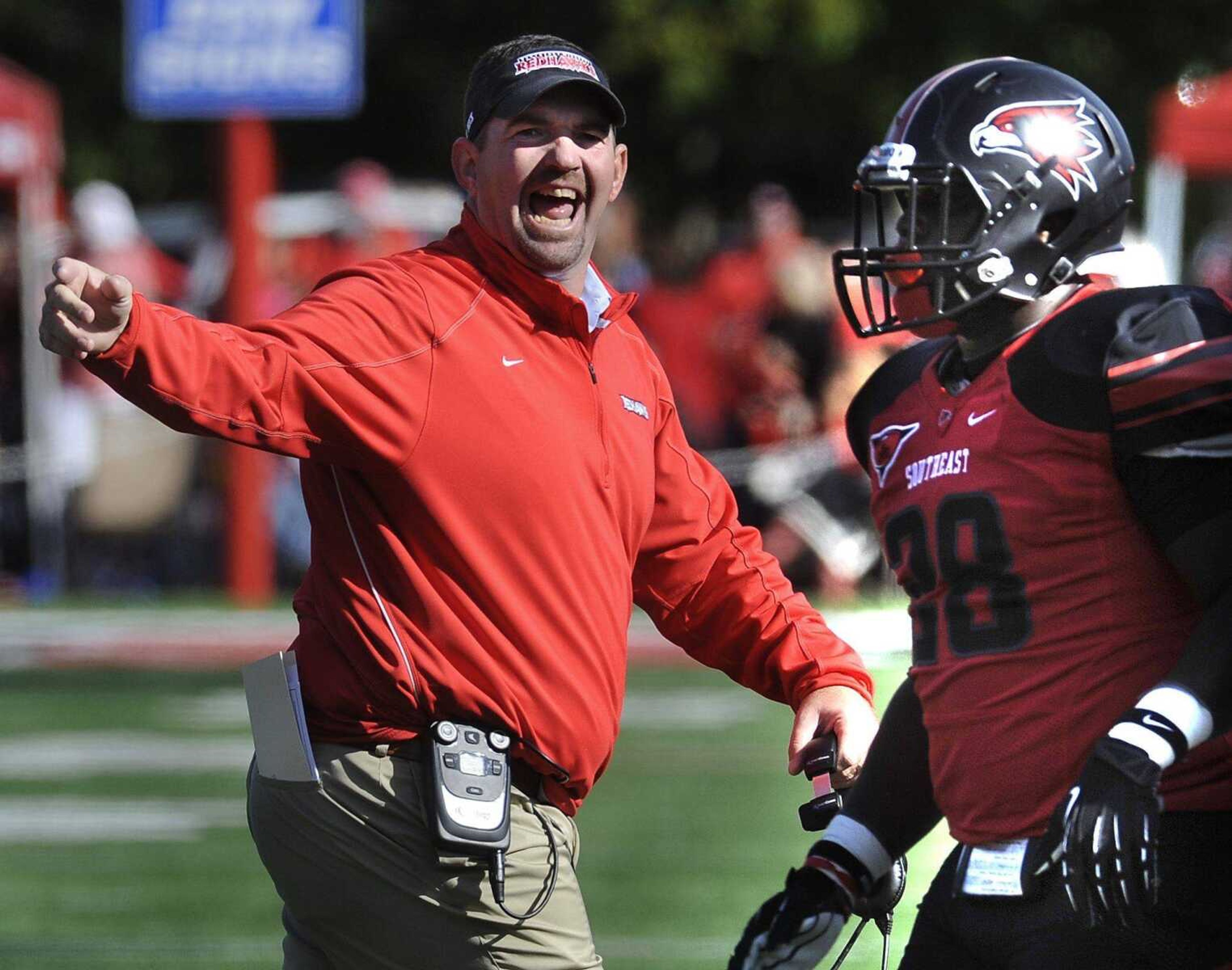 Southeast Missouri State coach Tom Matukewicz expresses approval with his team against Tennessee State during the fourth quarter Saturday, Oct. 4, 2014 at Houck Stadium. (Fred Lynch)