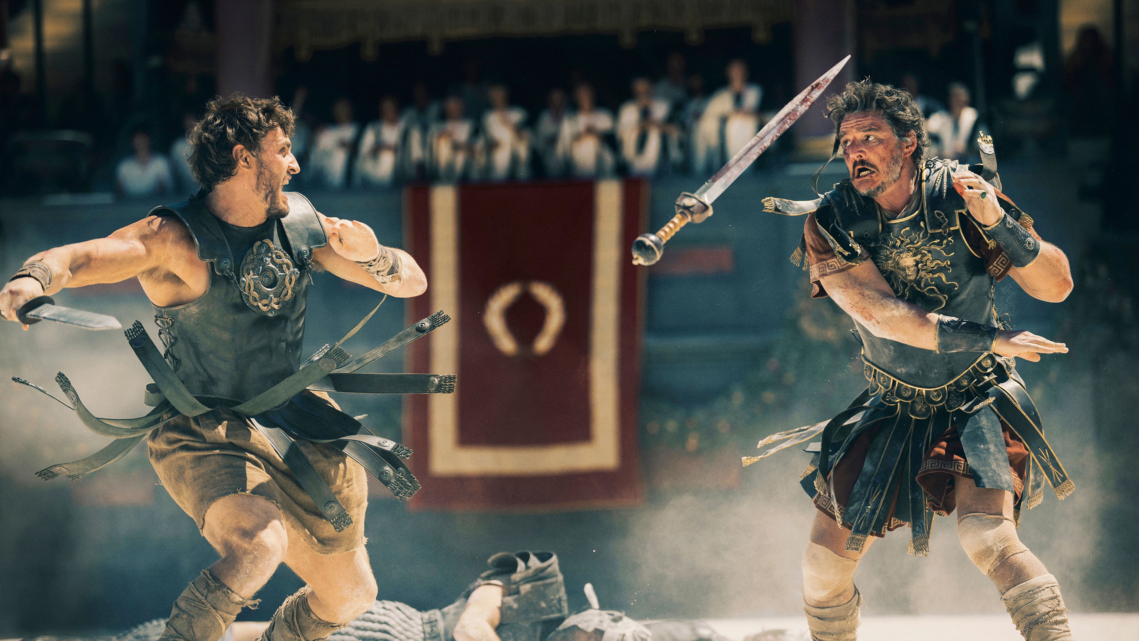 This image released by Paramount Pictures shows Paul Mescal, left, and Pedro Pascal in a scene from "Gladiator II." (Aidan Monaghan/Paramount Pictures via AP)