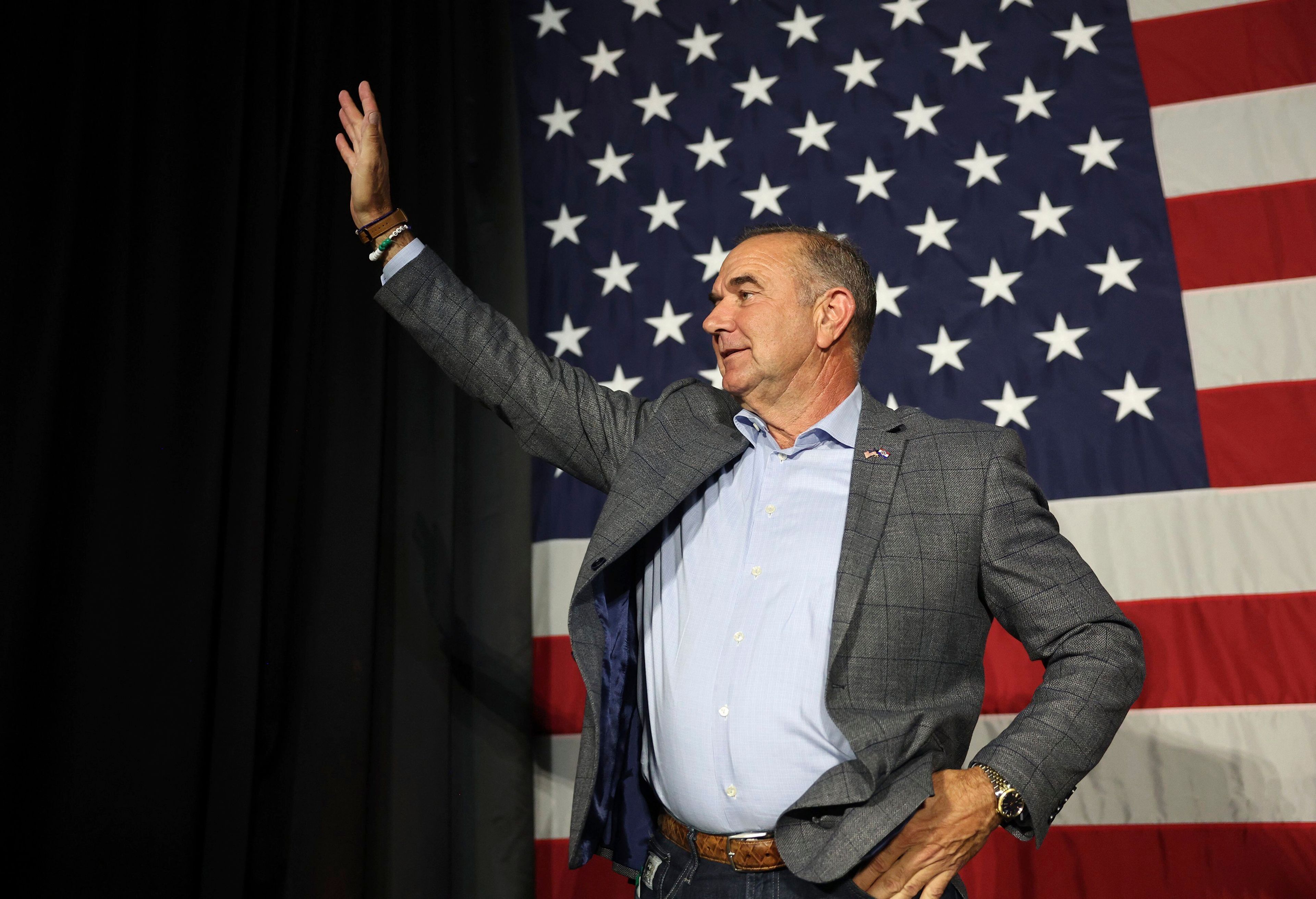 Missouri Gov.-elect Mike Kehoe greets the crowd during an election night party at the Capital Bluffs Event Center in Jefferson City, Mo., Tuesday, Nov. 5, 2024. (Robert Cohen/St. Louis Post-Dispatch via AP)