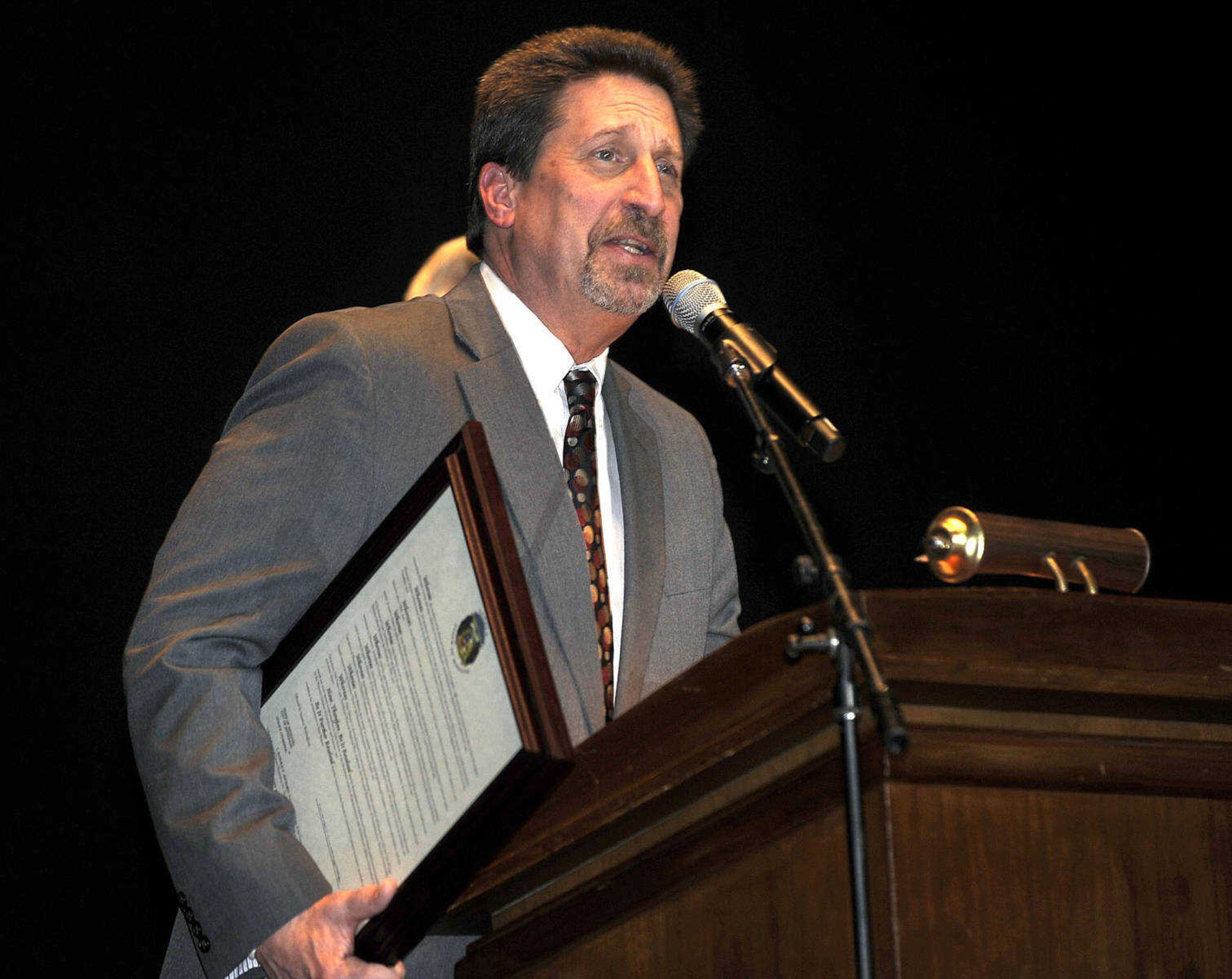 John Mehner, president and CEO of the Cape Girardeau Area Chamber of Commerce, speaks after he was recognized as a recent recipient of the Leadership Missouri Graduate Lifetime Achievement Award from the Missouri Chamber of Commerce and Industry, at the start of the annual dinner Friday at the Show Me Center.