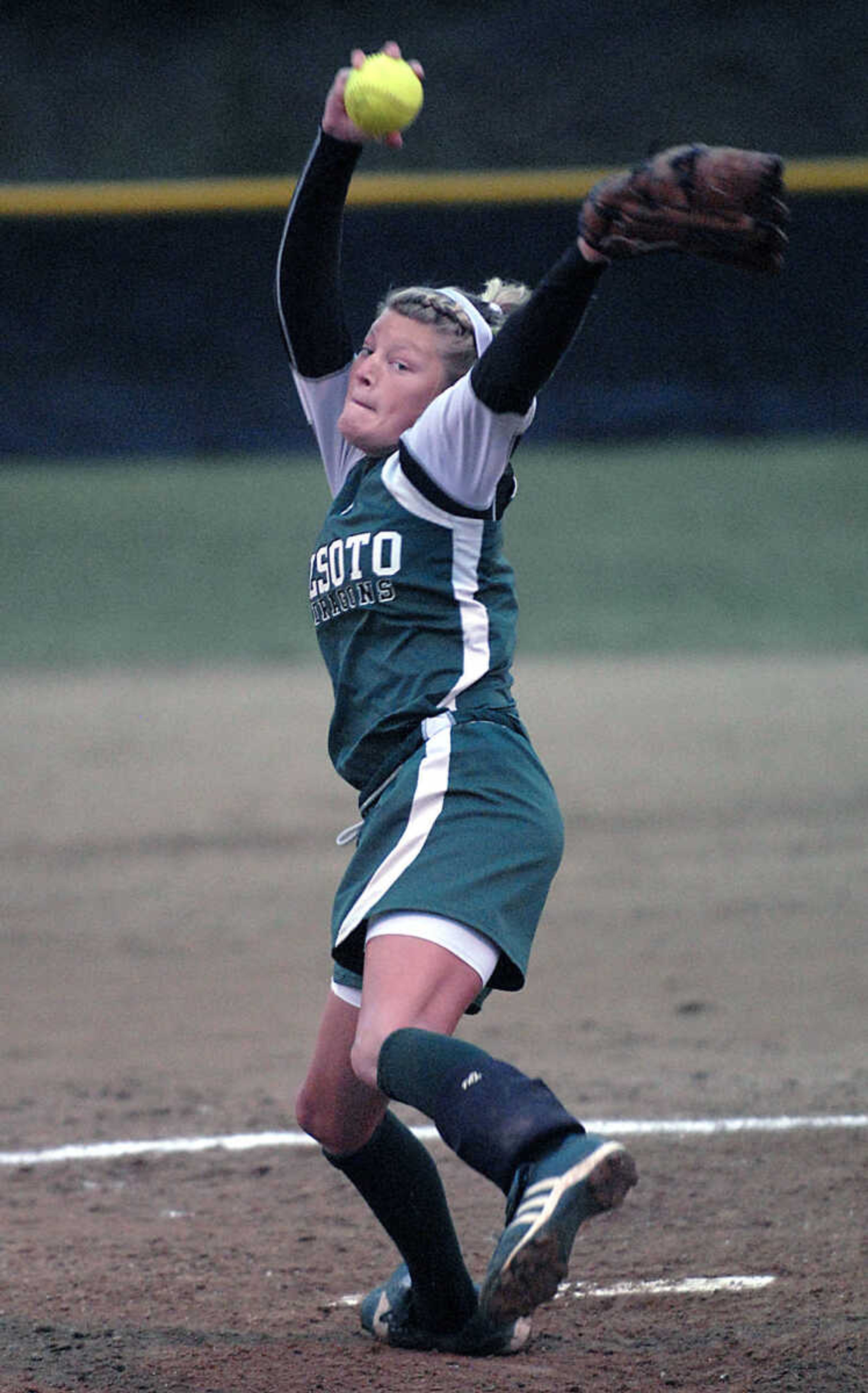 KIT DOYLE ~ kdoyle@semissourian.com
DeSoto senior Abby Roland pitches against Notre Dame Thursday, October 15, 2009, in Poplar Bluff.