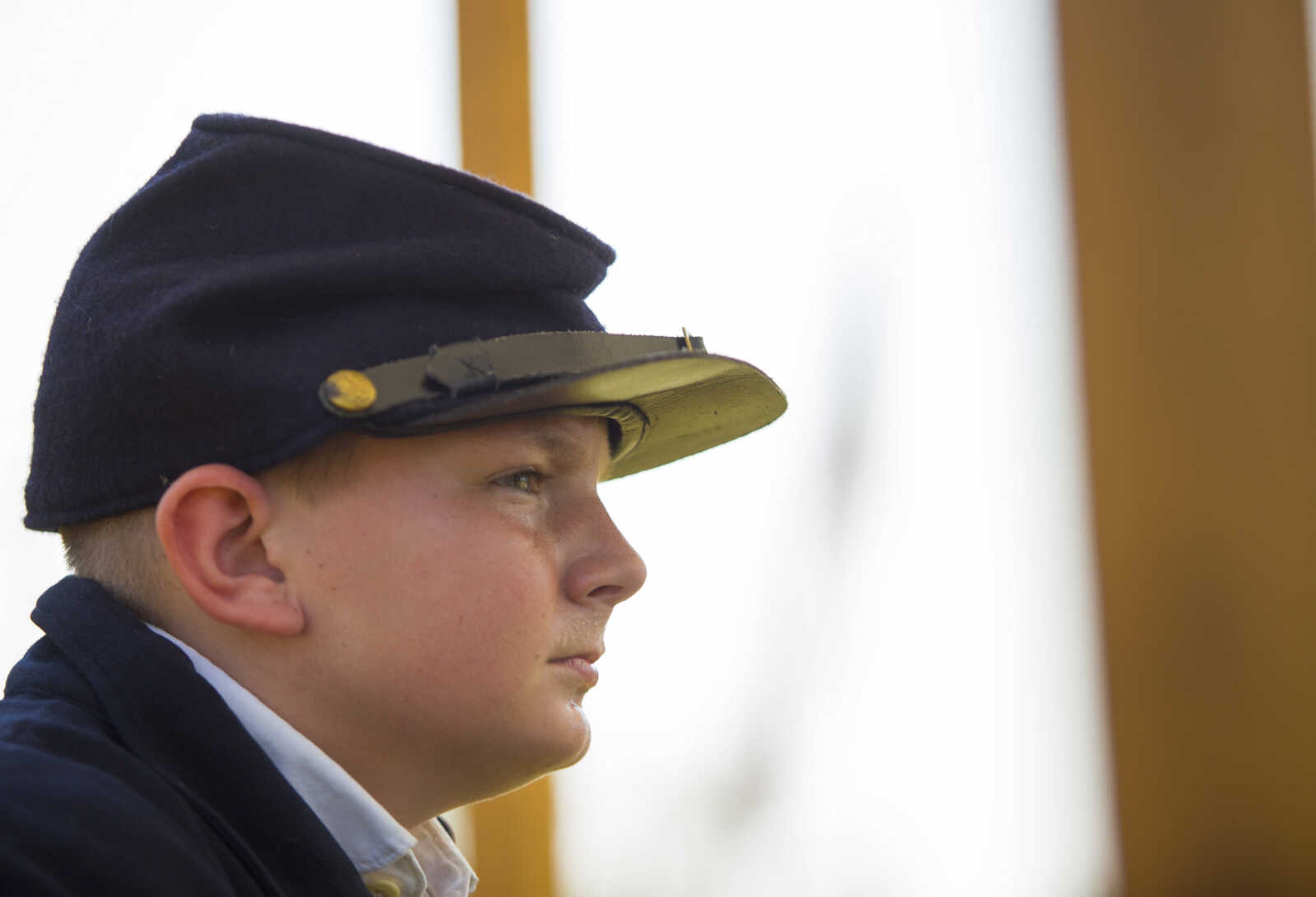 Civil War reenactor Andrew Nix, 12, looks to the lawn of Fort D during a living history demonstration Sept. 4, 2017 at Fort D Historic Site in Cape Girardeau, Missouri.