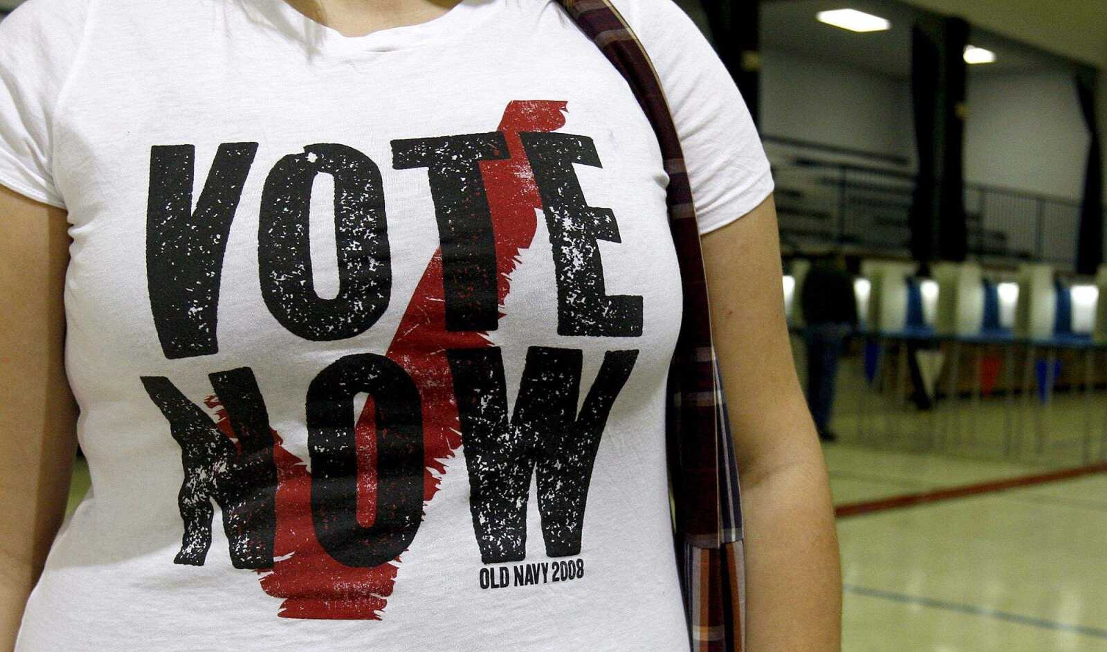 ELIZABETH DODD ~ edodd@semissourian.com
Katie Breckenkamp, of Cape Girardeau, encourages others to vote with her shirt on Tuesday. Breckenkamp voted at the Arena building Tuesday afternoon.