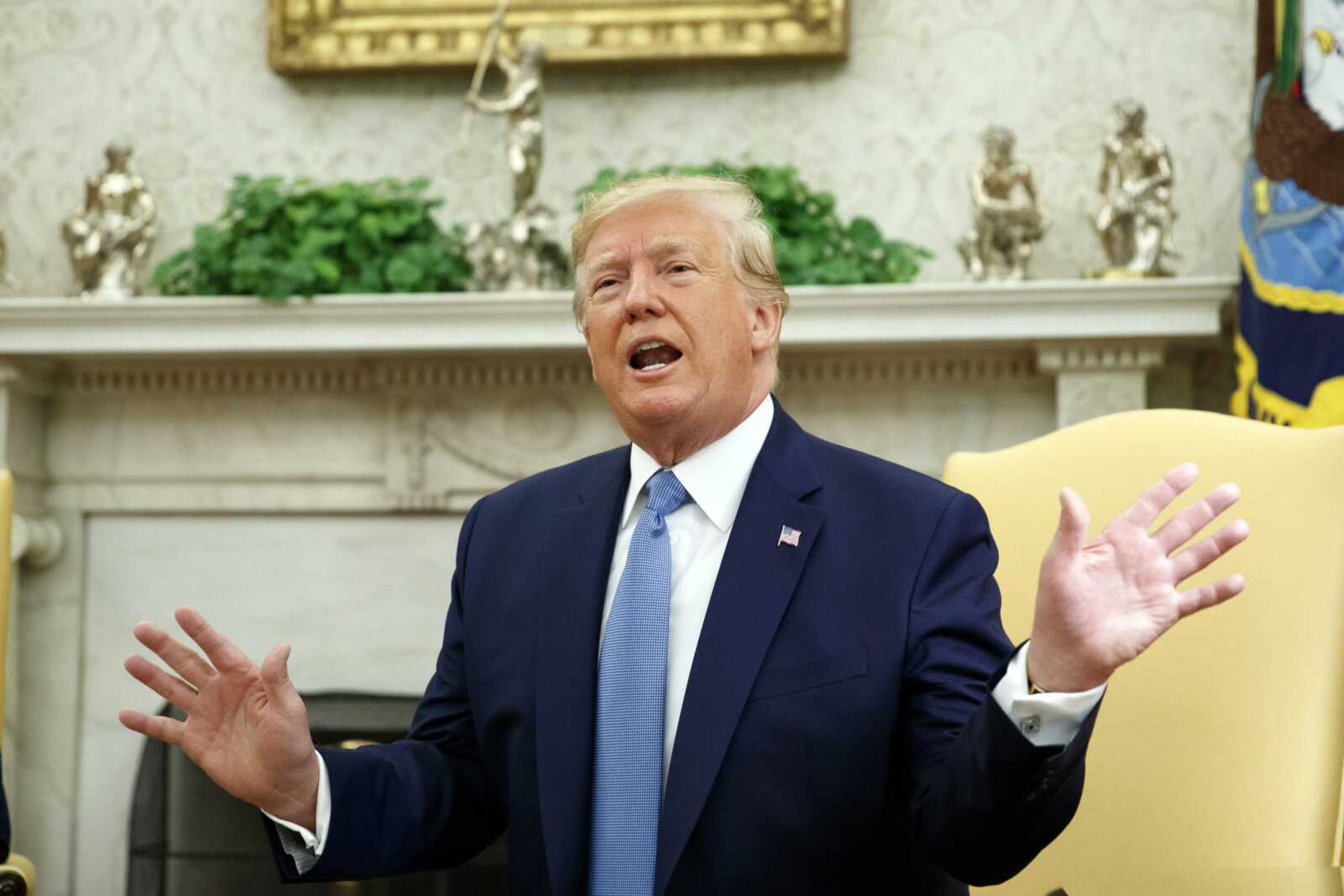 President Donald Trump speaks during a meeting with Pakistani Prime Minister Imran Khan on Monday in the Oval Office of the White House in Washington.