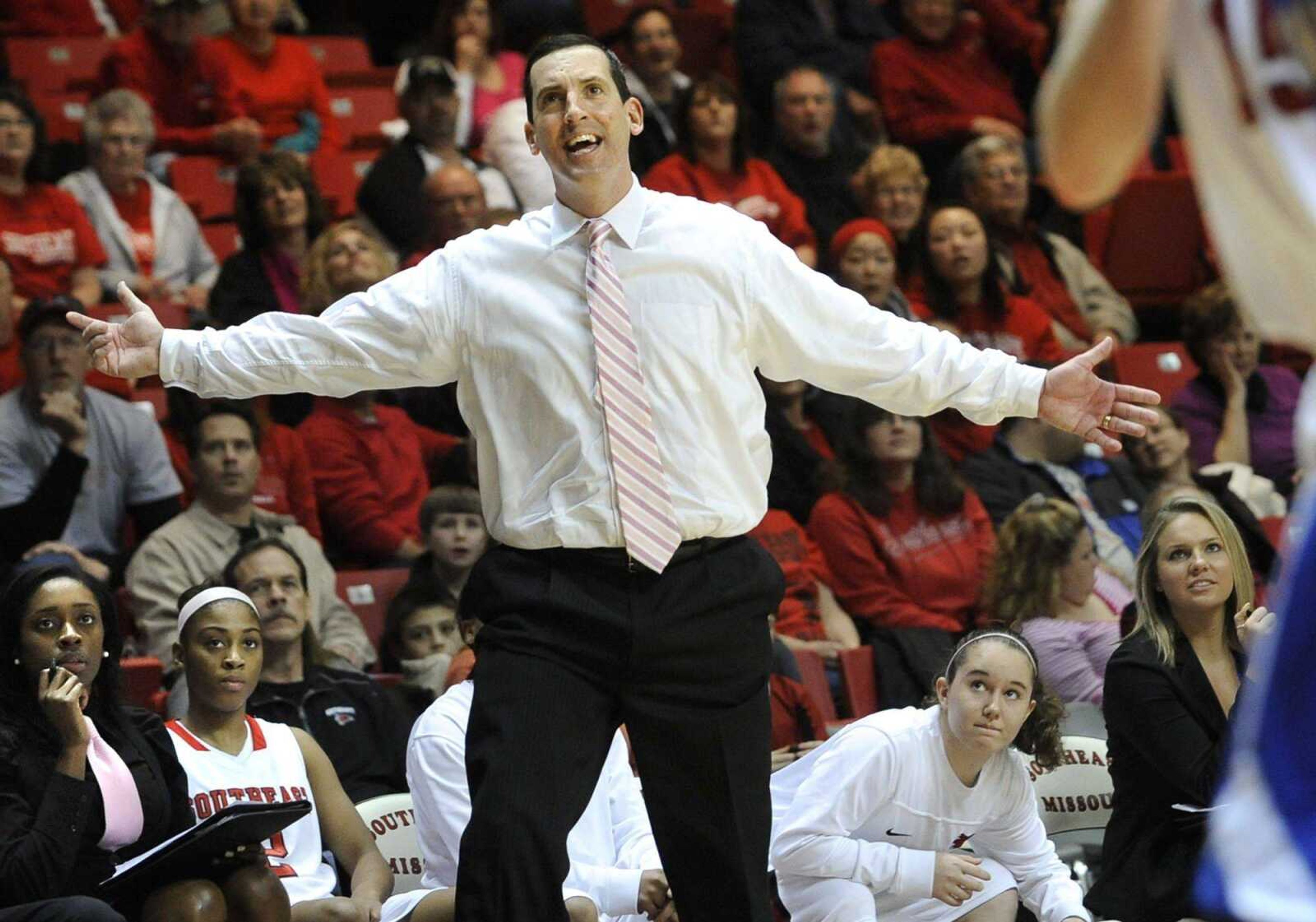 Southeast Missouri State coach Ty Margenthaler reacts to a play during a game this season at the Show Me Center. The Redhawks finished 7-22 in Margenthaler&#8217;s first season. (Fred Lynch)