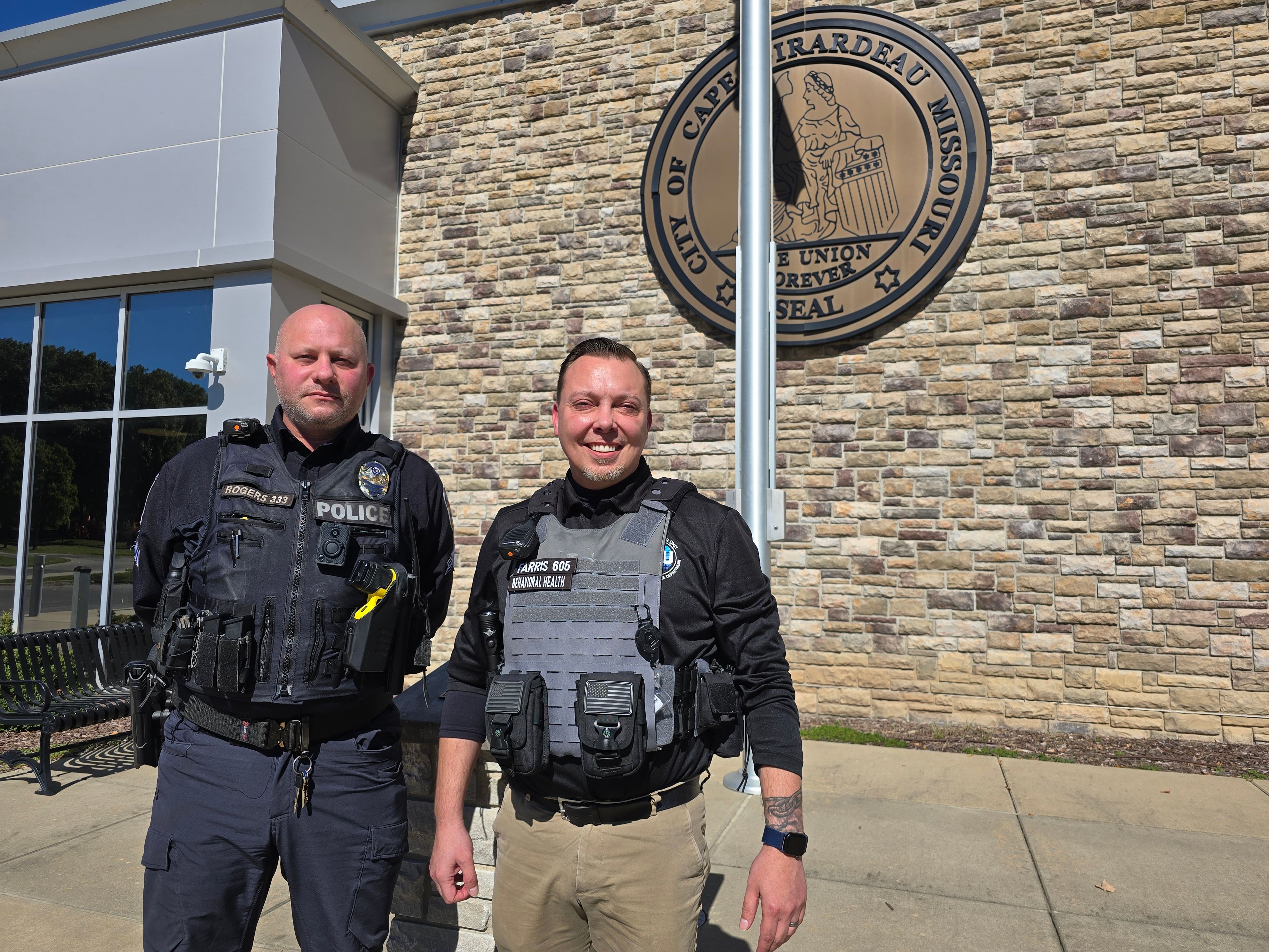 Corporal Will Rogers and Co-Repsonder Shannon Faris stand in front of the Cape Girardeau Police Department on Wednesday, Oct. 16.