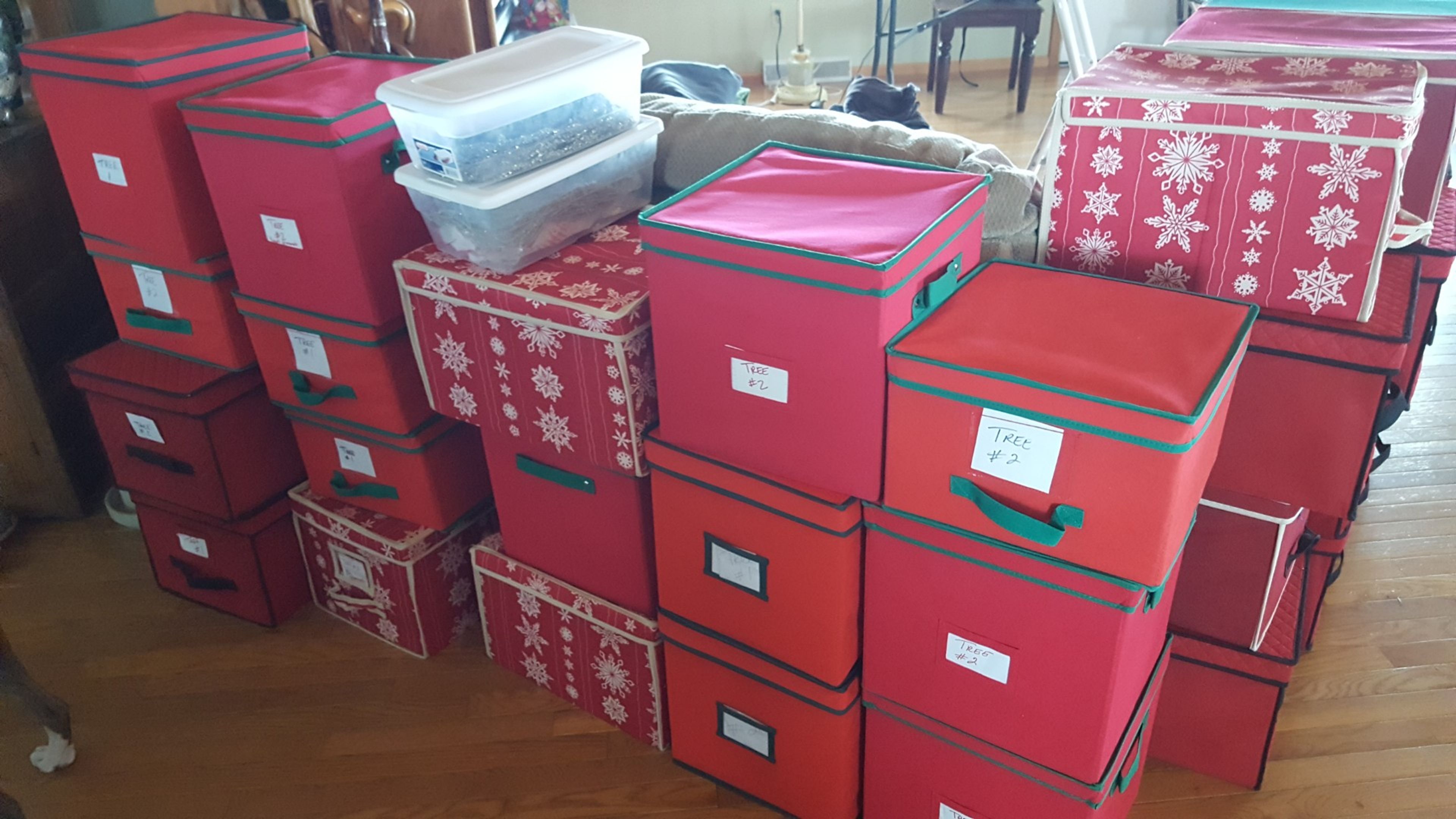 Elizabeth Buerck collects antique Christmas ornaments and has for many years. This is just part of her ornament boxes for her trees