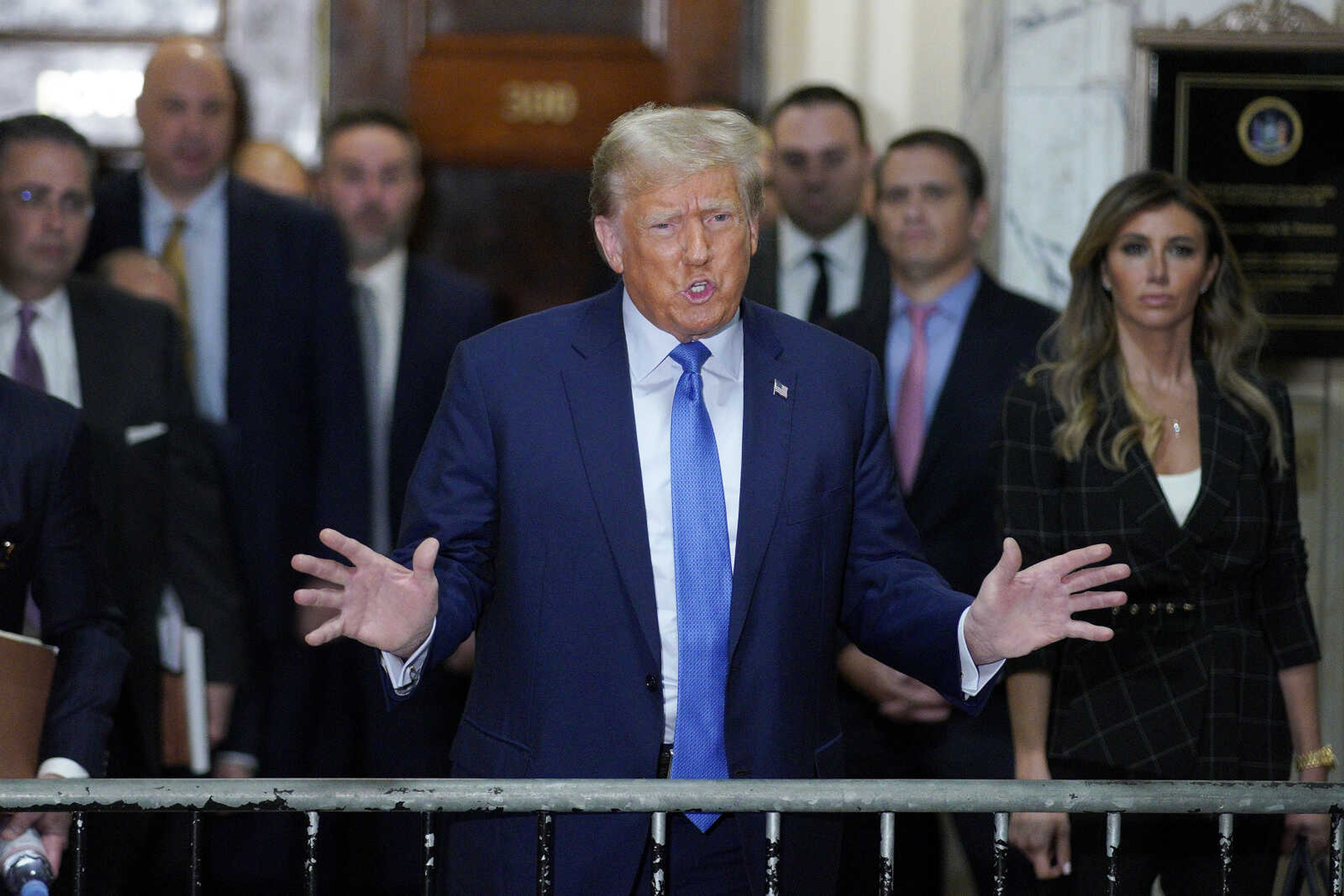 Former President Donald Trump speaks outside the courtroom Monday after testifying at New York Supreme Court in New York.