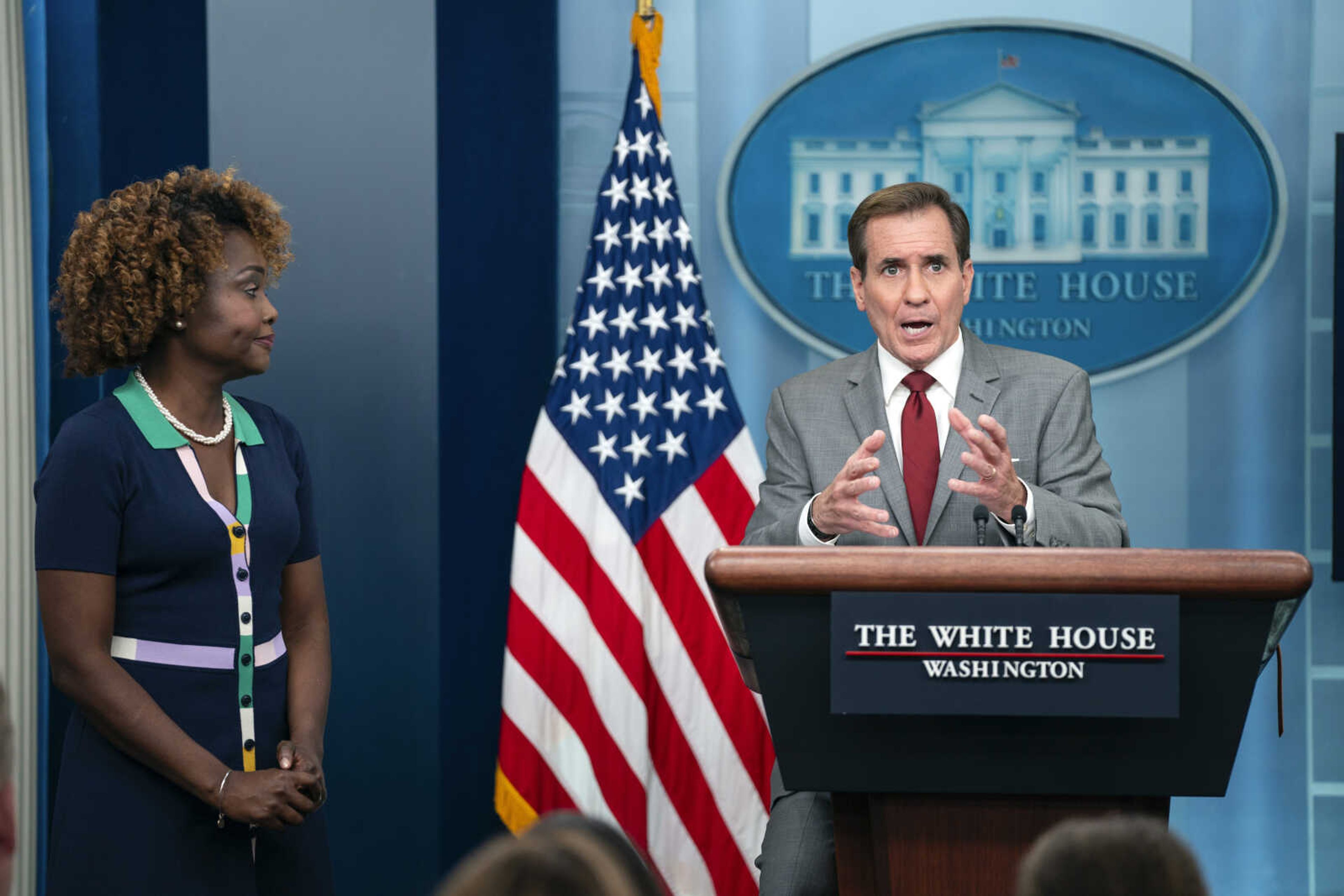 White House press secretary Karine Jean-Pierre listens as National Security Council spokesman John Kirby speaks during a briefing at the White House, Tuesday, Oct. 31, 2023, in Washington. (AP Photo/Evan Vucci)