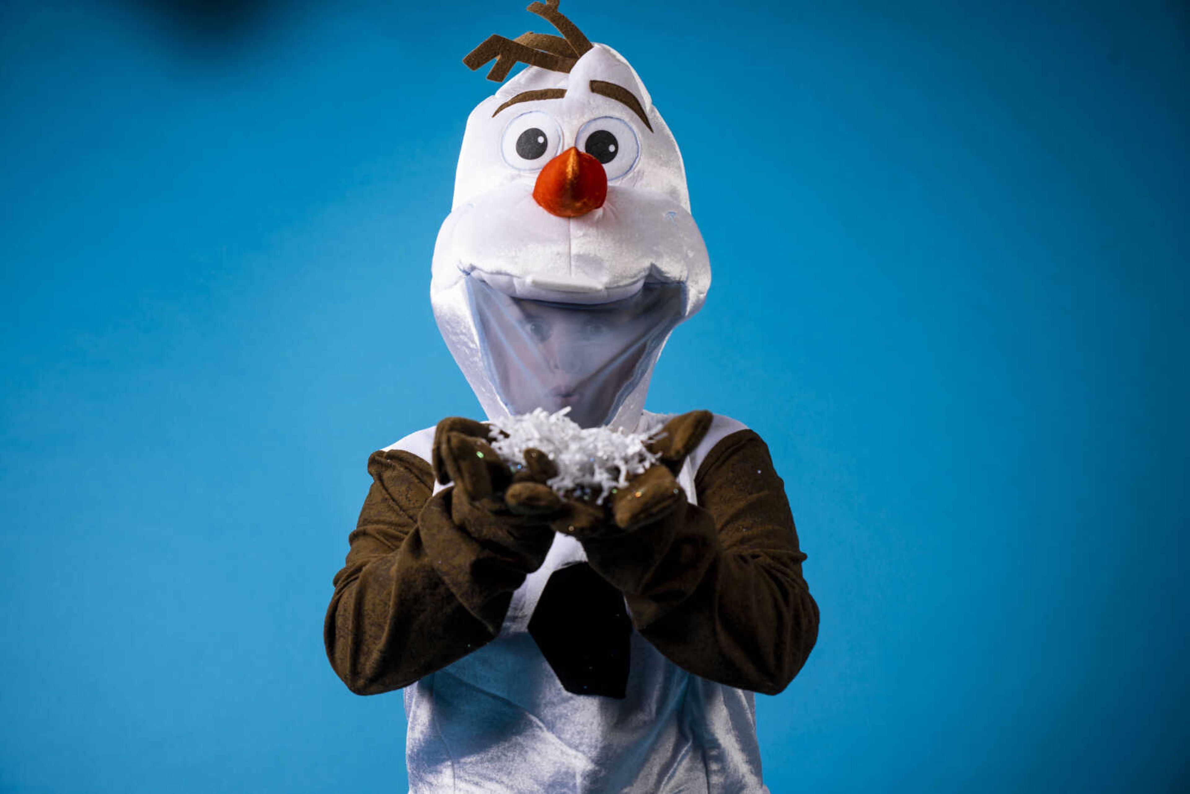 Andrea Gray portrays the role of Olaf from Disney's "Frozen" at the Southeast Missourian studio Monday, April 1, 2019, in Cape Girardeau.