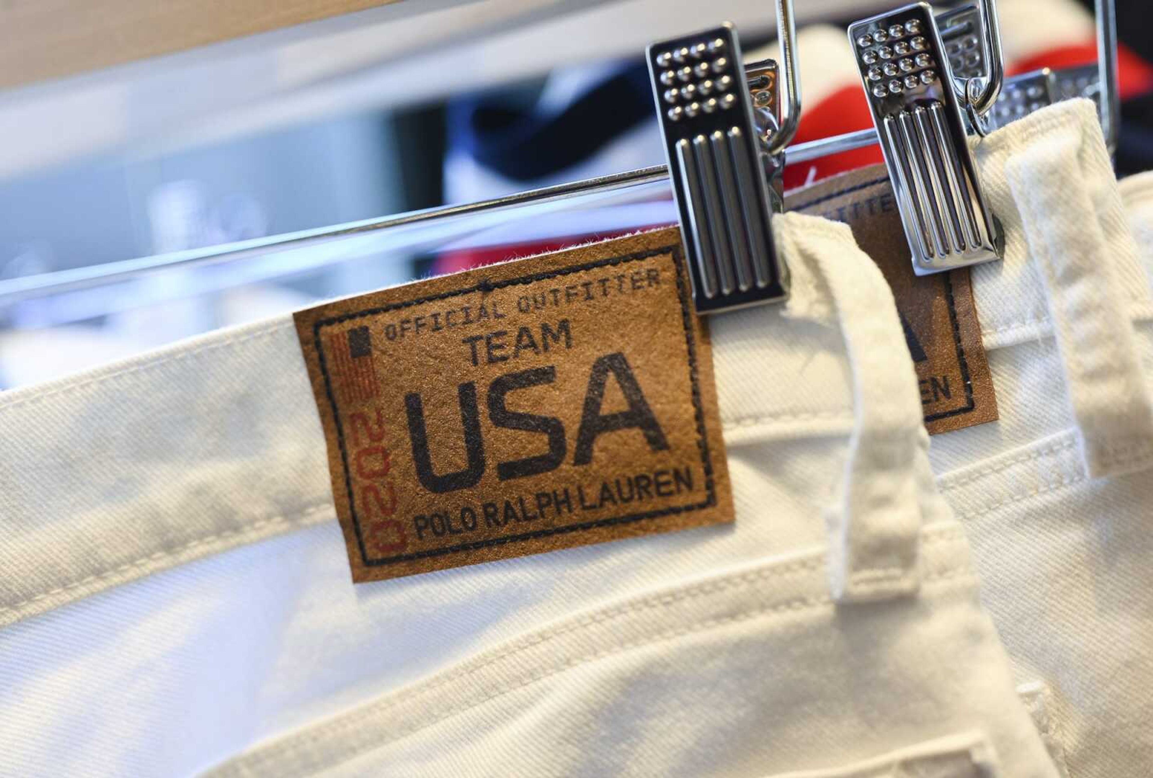 Team USA Tokyo Olympic closing ceremony uniforms are displayed during the unveiling Tuesday at the Ralph Lauren SoHo Store in New York.