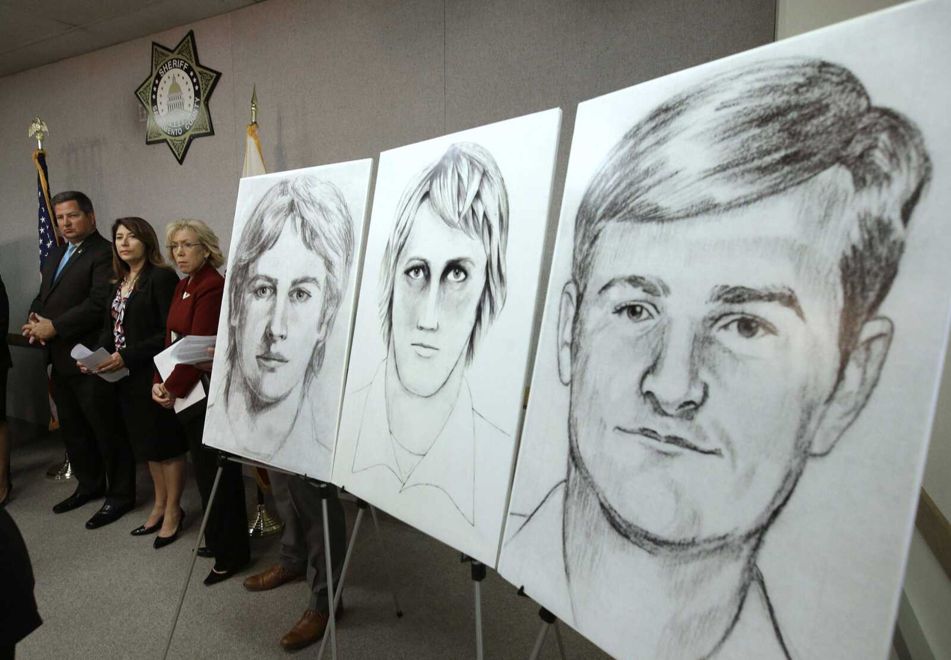 Law-enforcement drawings of a suspected serial killer believed to have committed at least 12 murders across California in the 1970s and 1980s are seen at a news conference about the investigation Wednesday in Sacramento, California.