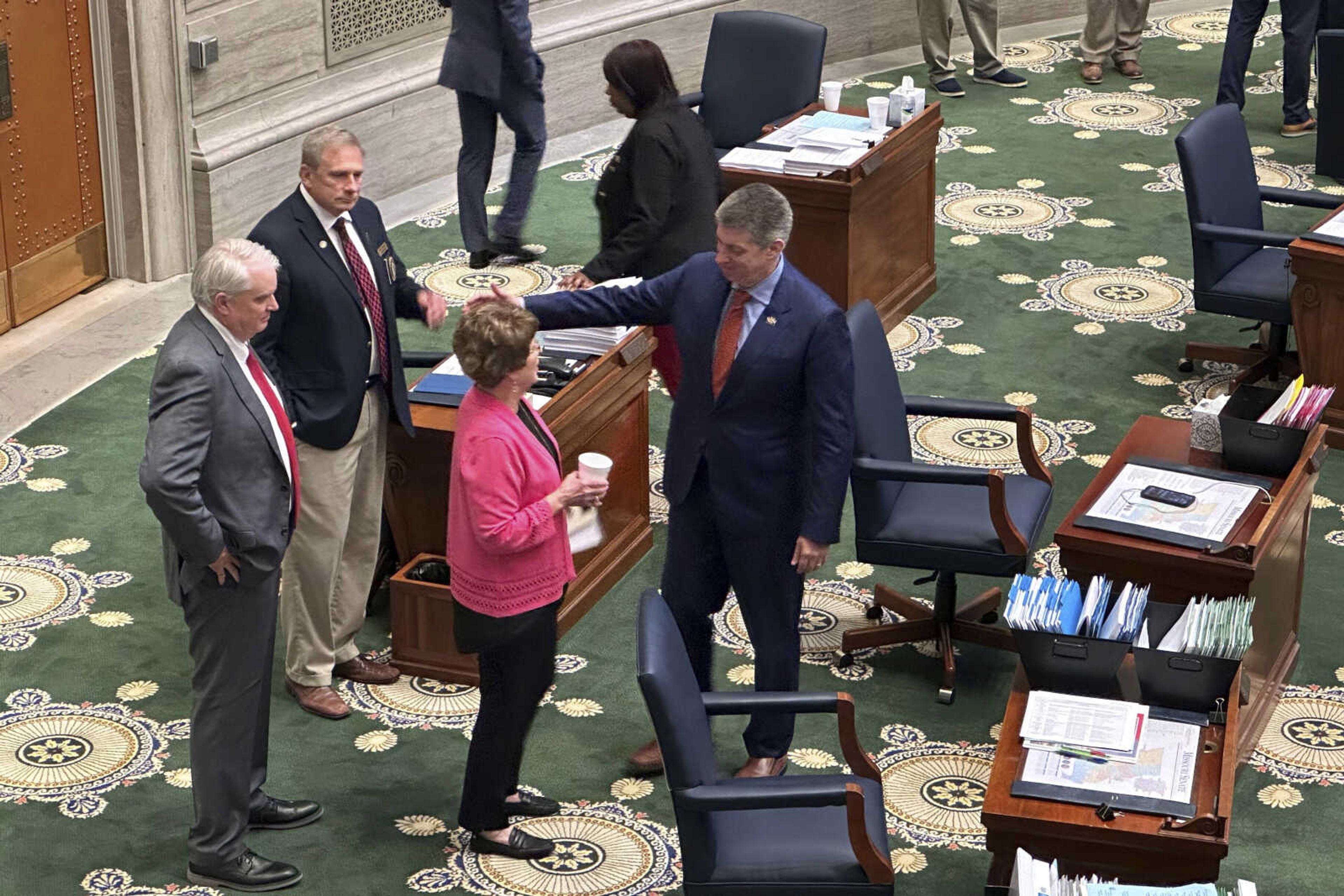 State Sen. Bill Eigel greets Senate Majority Leader Cindy O'Laughlin after the adjournment of Missouri's legislative session Friday in Jefferson City. Eigel and O'Laughlin, both Republicans, clashed repeatedly during the annual session.