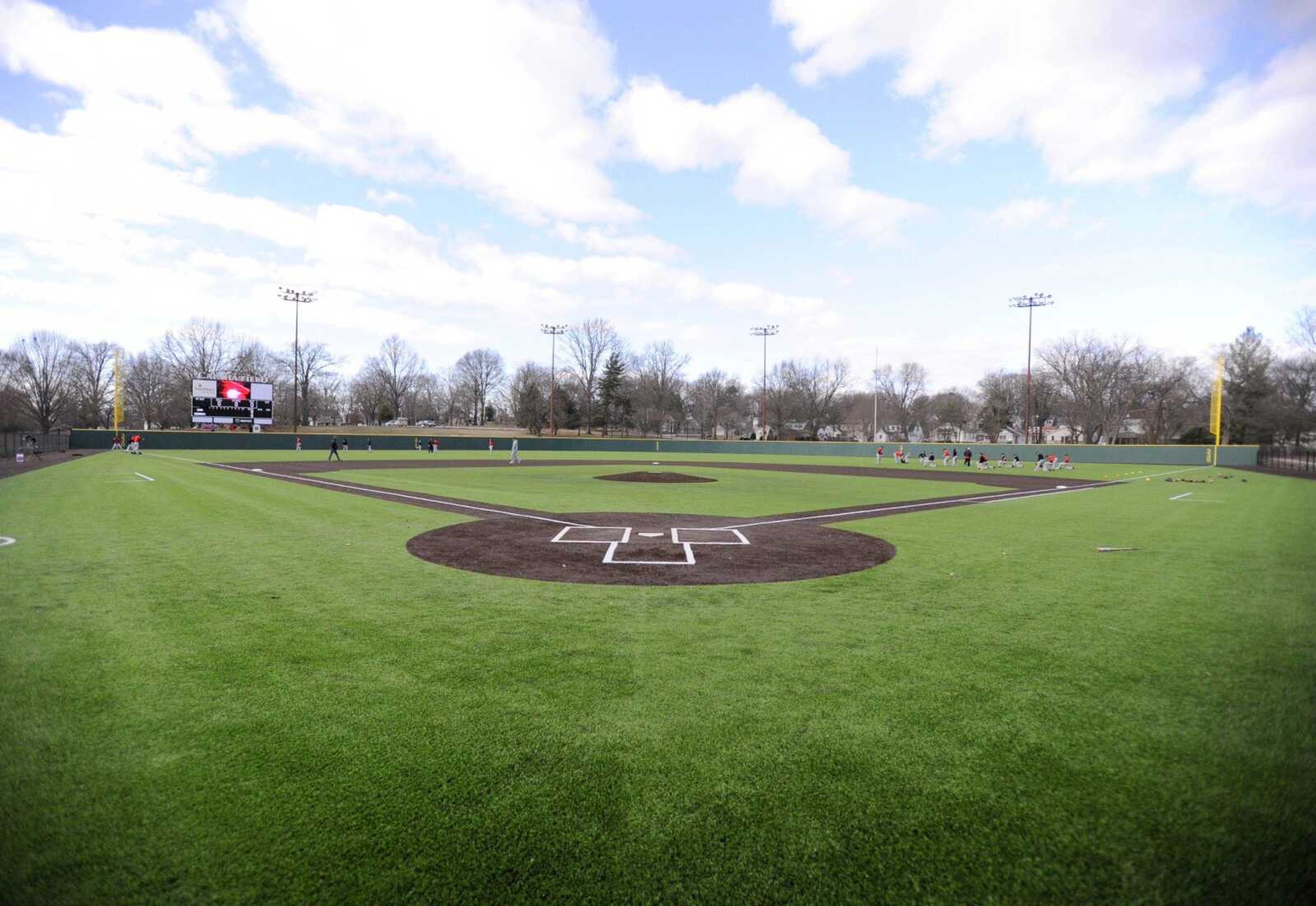 The Southeast Missouri State University baseball team takes part in practice Jan. 27, 2017, on the newly renovated surface at Capaha Field.