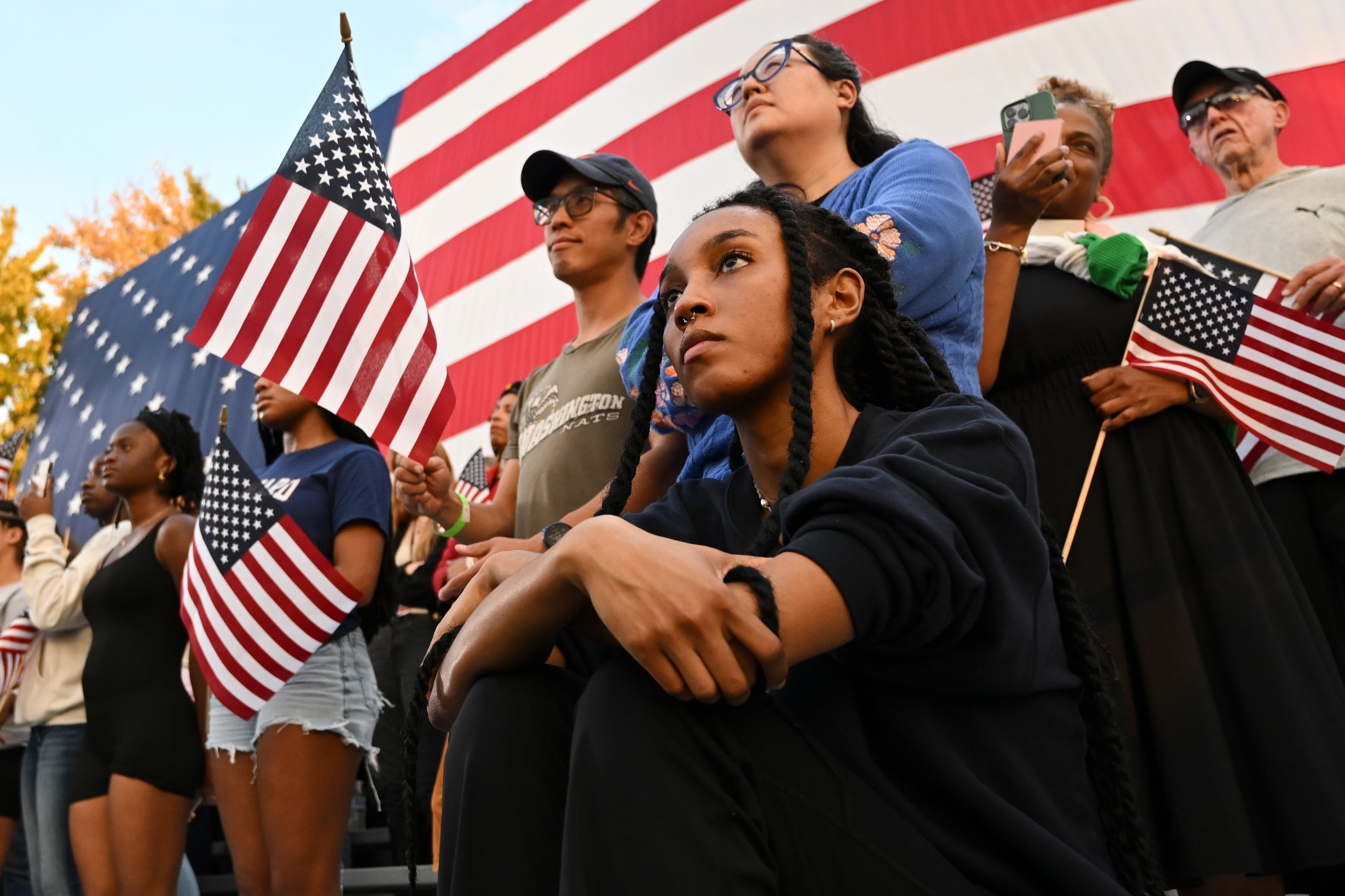 Supporters of Vice President Kamala Harris react during her concession speech for the 2024 presidential election on the campus of Howard University, Wednesday, Nov. 6, 2024, in Washington. (AP Photo/Terrance Williams)