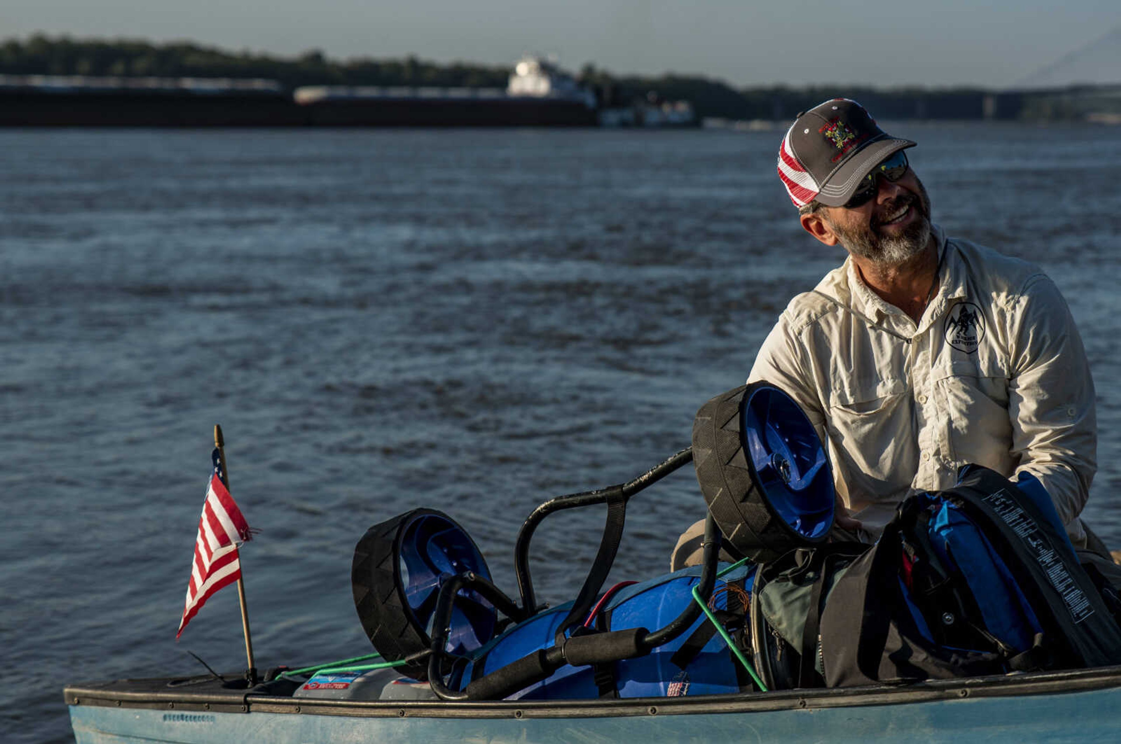 Rick Baine prepares his kayak at the loading dock at Red Star Dock before hitting the water again during an excursion down the Mississippi River Tuesday, Aug. 28, 2018 in Cape Girardeau. Baine, along with Ryan Webb and Matt Roy (not pictured), are making their way down the Mississippi River as part of the Warrior Paddle Expedition, starting at the source of the Mississippi River, Lake Itsaca, Minnesota, and ending in the Gulf of Mexico.