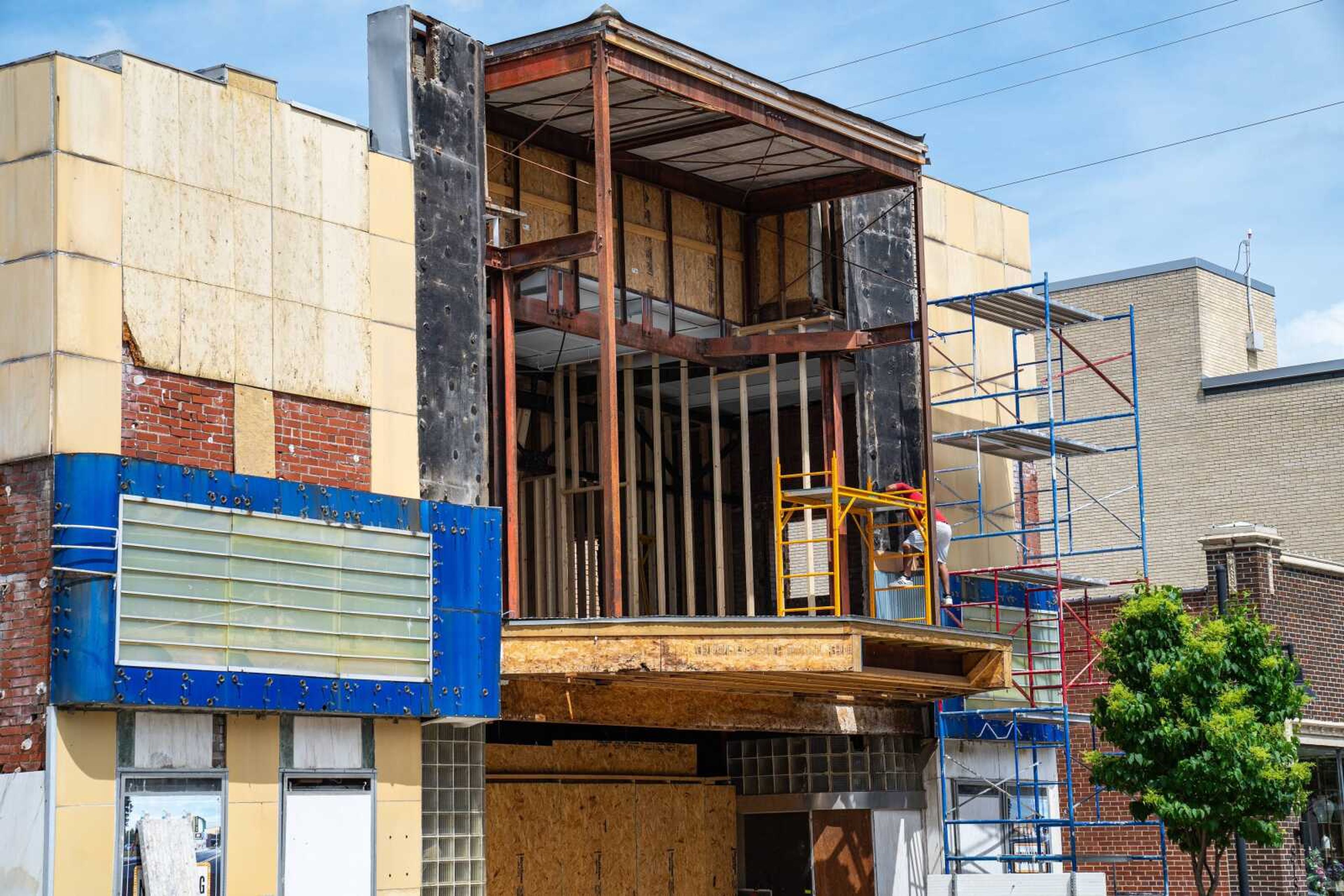 Construction continues on the old Esquire Theater building on Tuesday, April 16, with plans underway to add a balcony. 