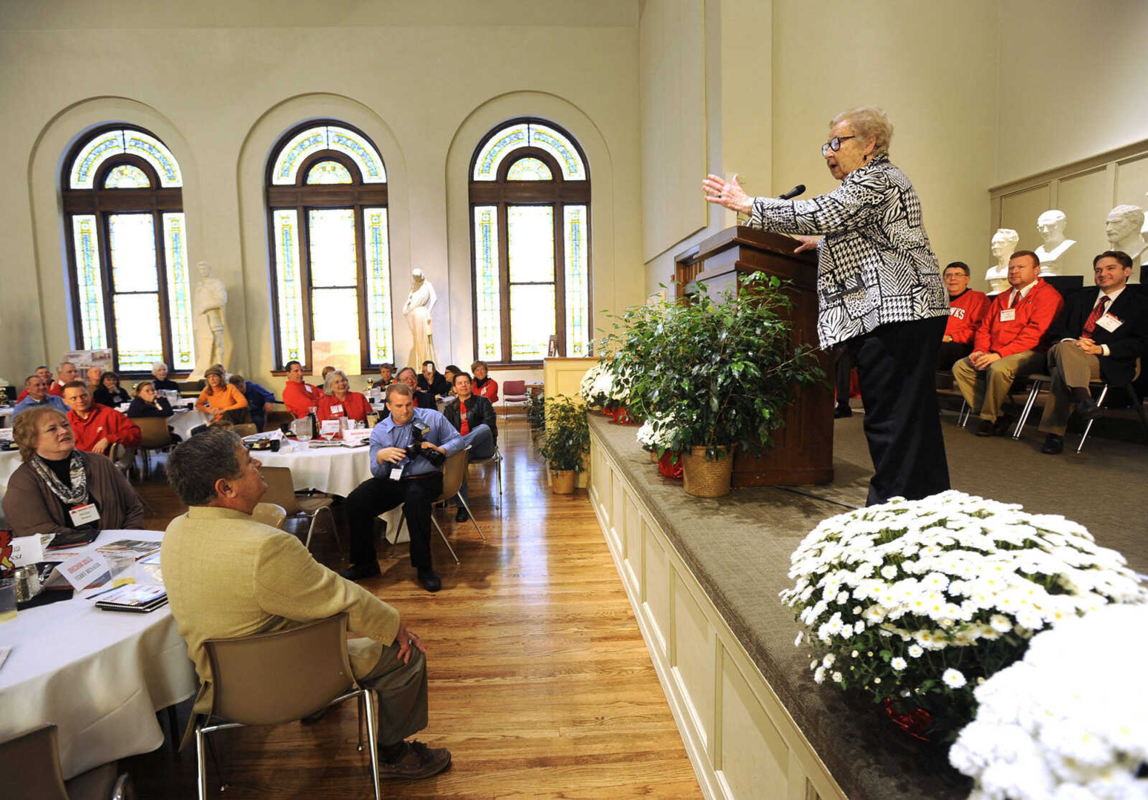 FRED LYNCH ~ flynch@semissourian.com
Grace Hoover speaks after receiving a Distinguished Service Award during the All-Alumni Breakfast Saturday, Oct. 22, 2011 at the Wehking Alumni Center.